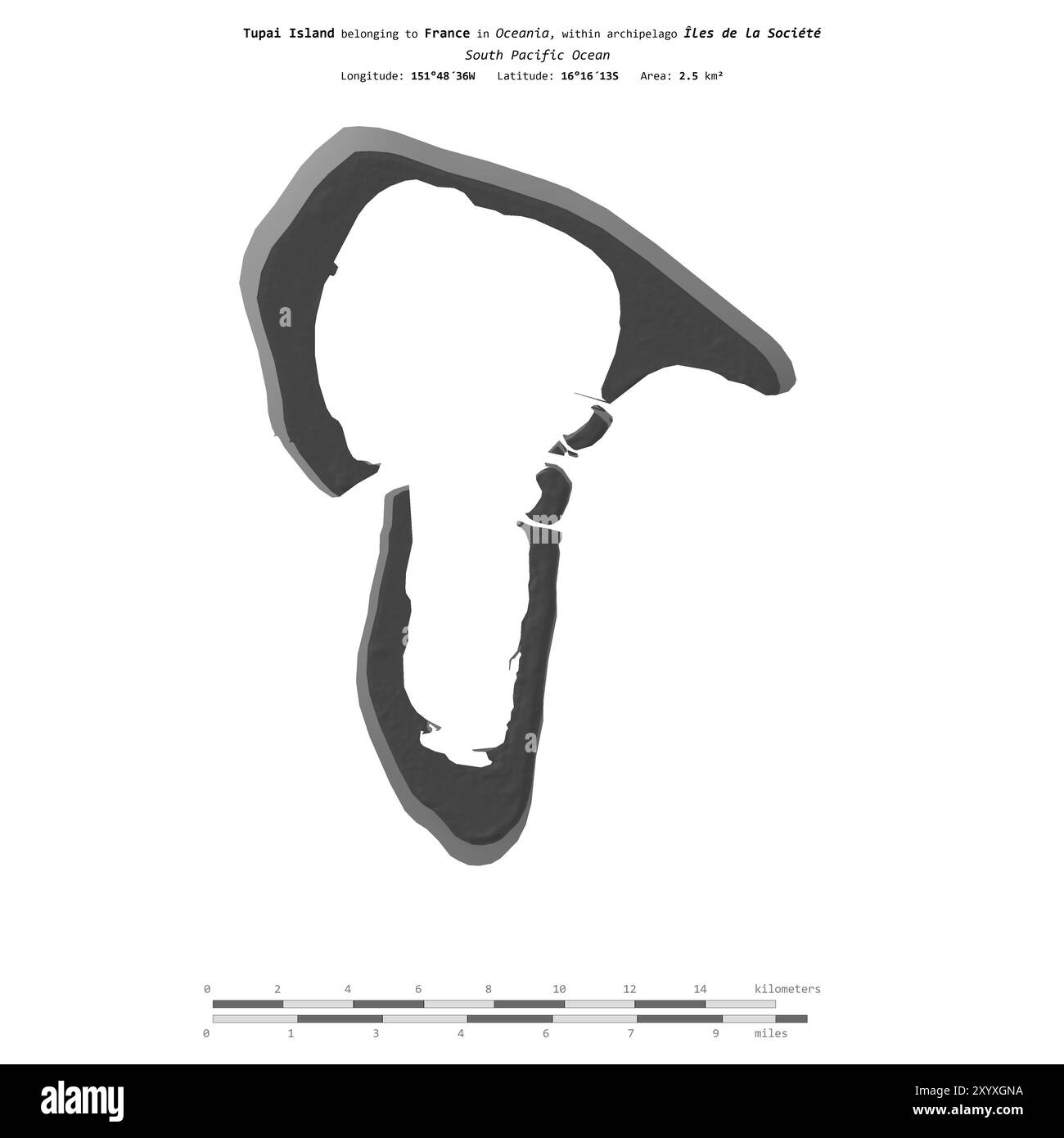 Isola di Tupai nell'Oceano Pacifico meridionale, appartenente alla Francia, isolata su una mappa di elevazione a due livelli, con scala di distanza Foto Stock