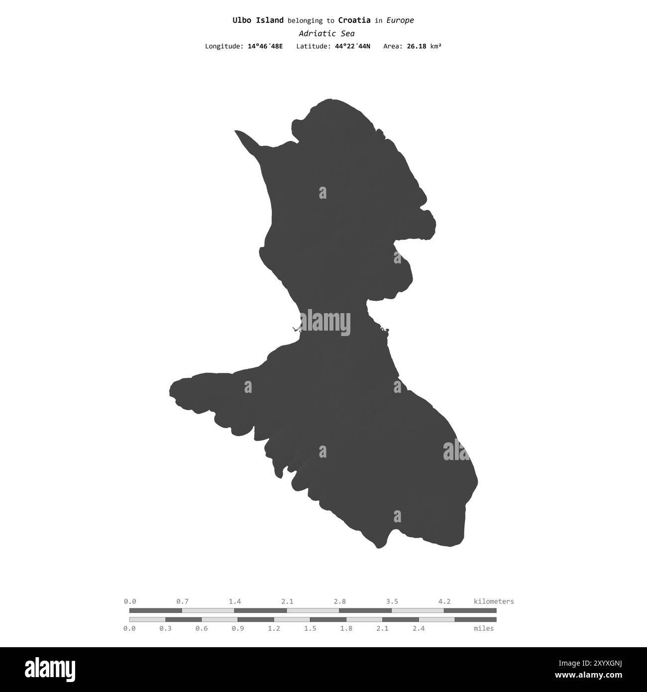 Isola di Ulbo nel Mare Adriatico, appartenente alla Croazia, isolata su una mappa a due livelli, con scala di distanza Foto Stock