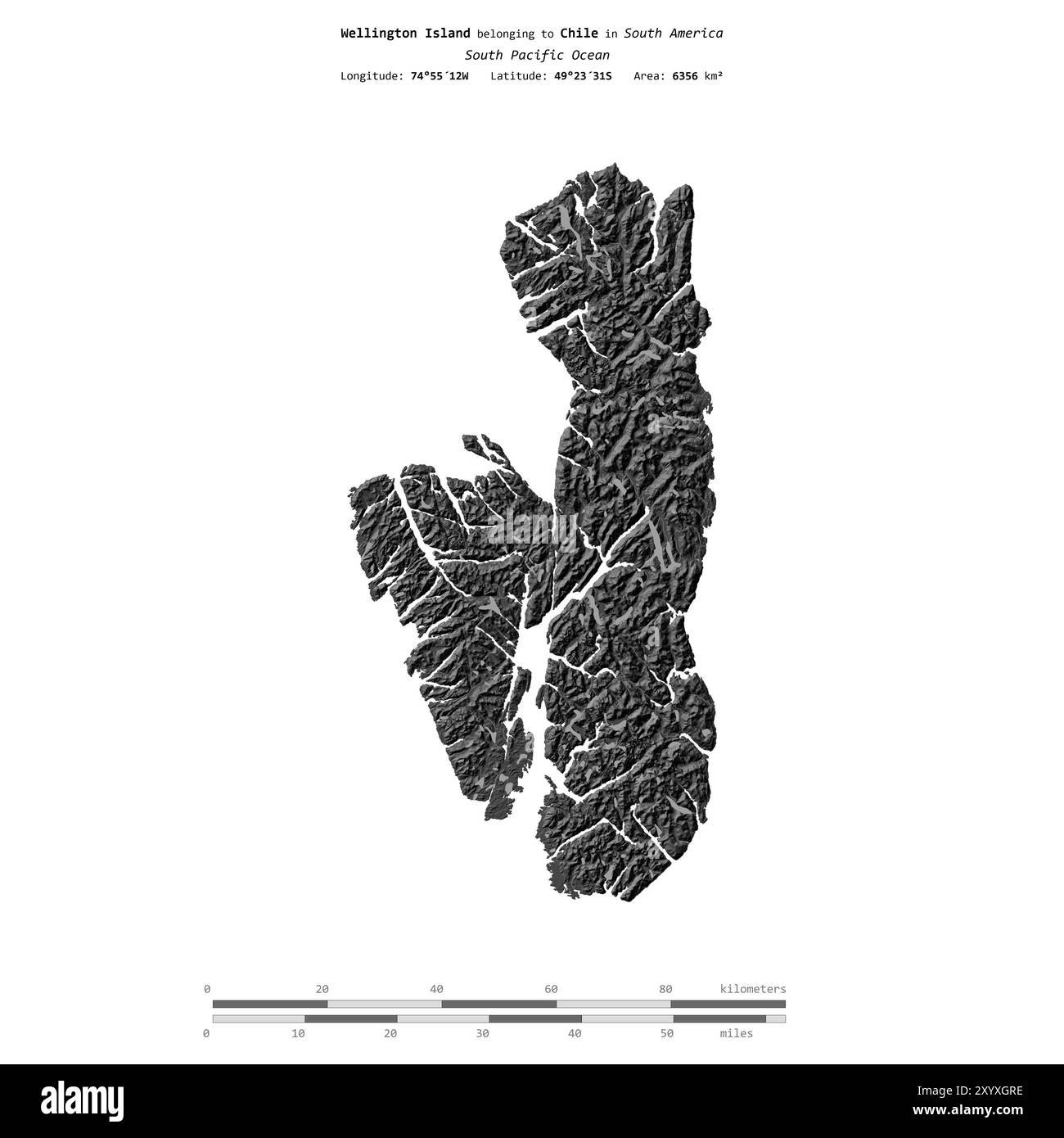 Wellington Island, nell'Oceano Pacifico meridionale, appartenente al Cile, isolata su una mappa di elevazione a due livelli, con scala di distanza Foto Stock