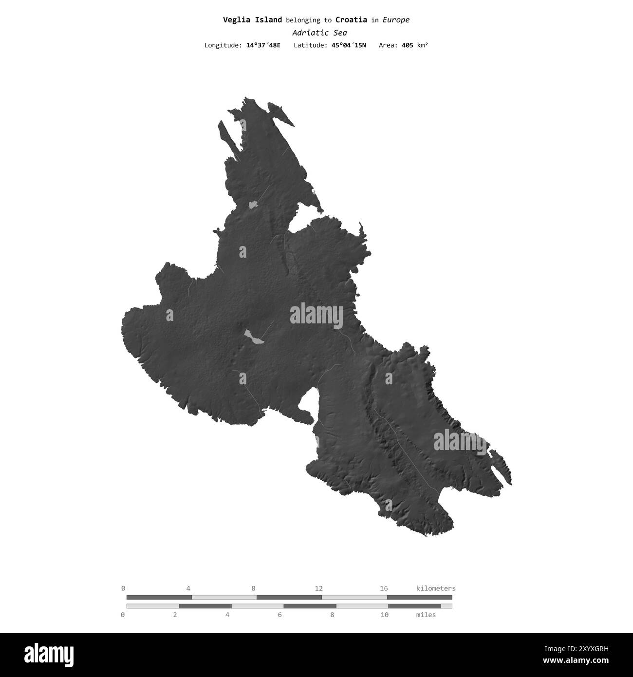 Isola di Veglia nel Mare Adriatico, appartenente alla Croazia, isolata su una mappa a due livelli, con scala di distanza Foto Stock