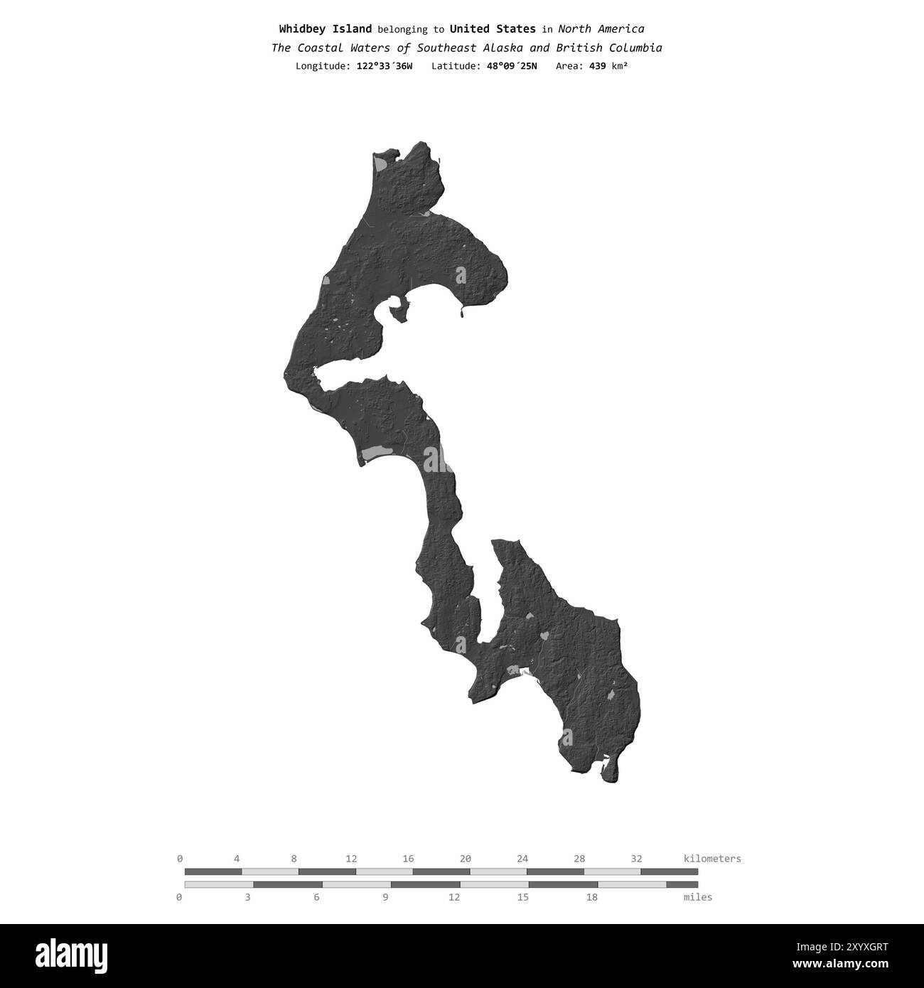 Whidbey Island, nelle acque costiere dell'Alaska sud-orientale e della Columbia Britannica, appartenente agli Stati Uniti, isolata su una mappa di elevazione a due livelli, wi Foto Stock