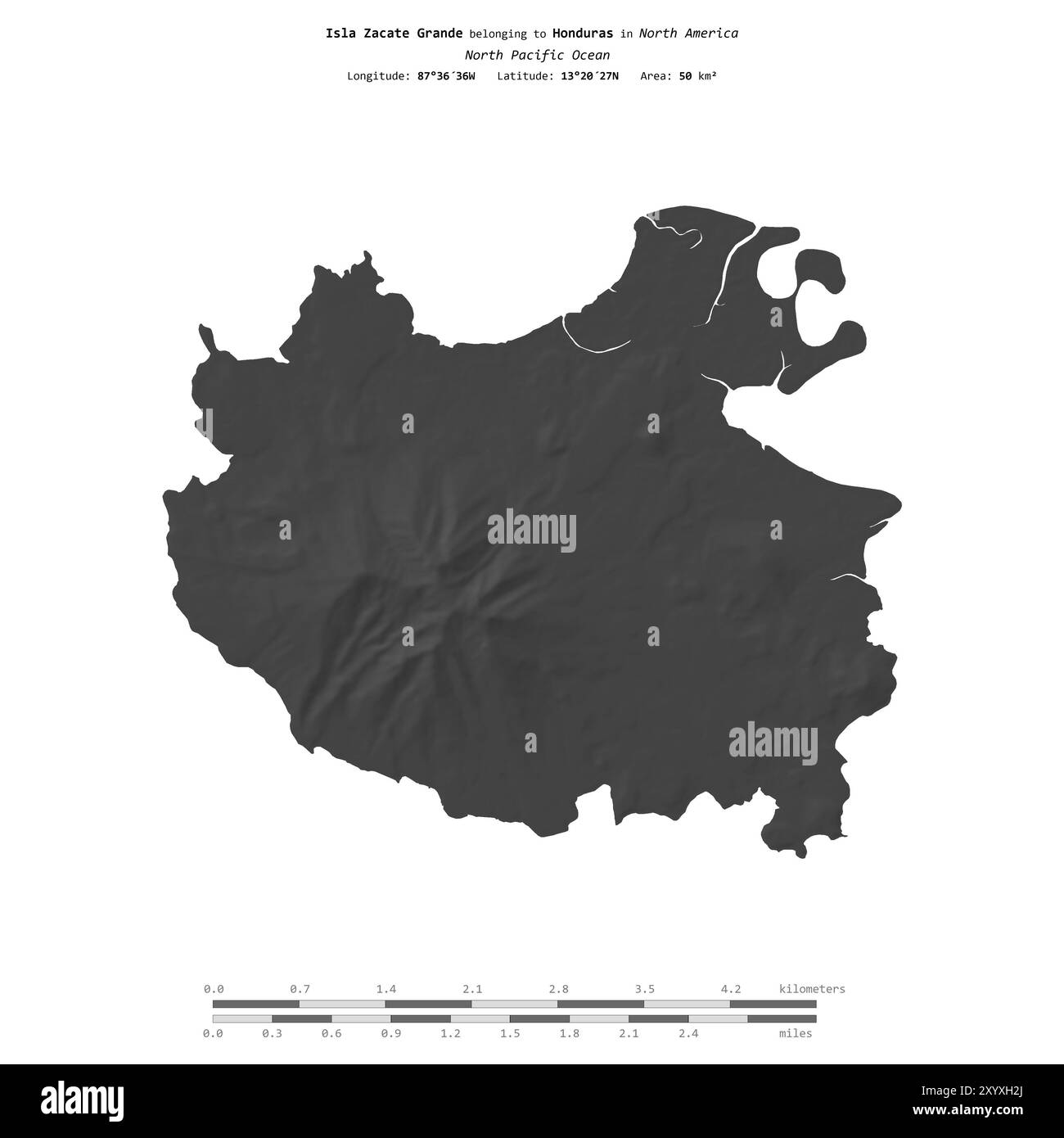 Isla Zacate grande nell'Oceano Pacifico settentrionale, appartenente all'Honduras, isolata su una mappa di elevazione a due livelli, con scala di distanza Foto Stock