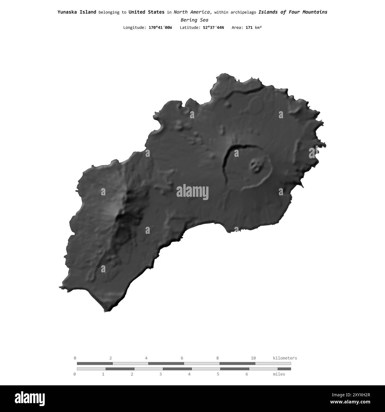 Yunaska Island nel Mare di Bering, appartenente agli Stati Uniti, isolata su una mappa di elevazione a due livelli, con scala di distanza Foto Stock