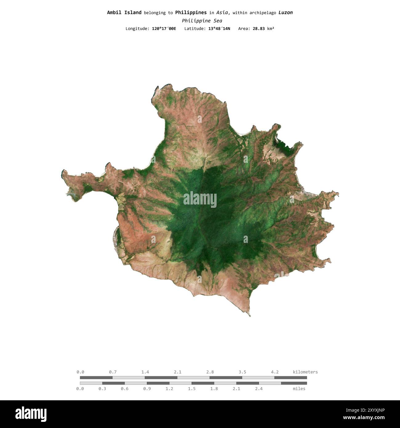 Ambil Island nel Mar delle Filippine, appartenente alle Filippine, isolata su un'immagine satellitare scattata il 18 marzo 2023, con scala di distanza Foto Stock