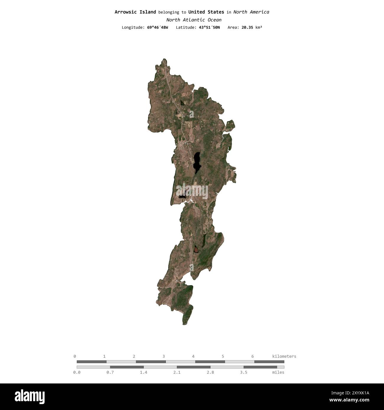 Arrowsic Island nell'Oceano Atlantico settentrionale, appartenente agli Stati Uniti, isolata su un'immagine satellitare scattata il 9 aprile 2023, con scala di distanza Foto Stock