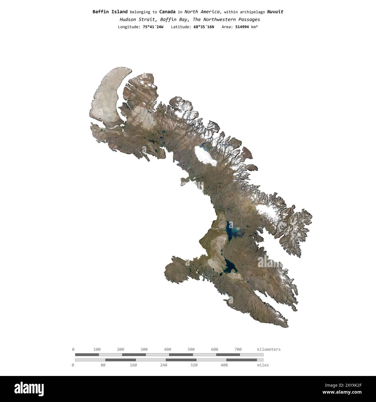 Baffin Island nella Baffin Bay, appartenente al Canada, isolata su un'immagine satellitare scattata il 2 giugno 2015, con scala di distanza Foto Stock