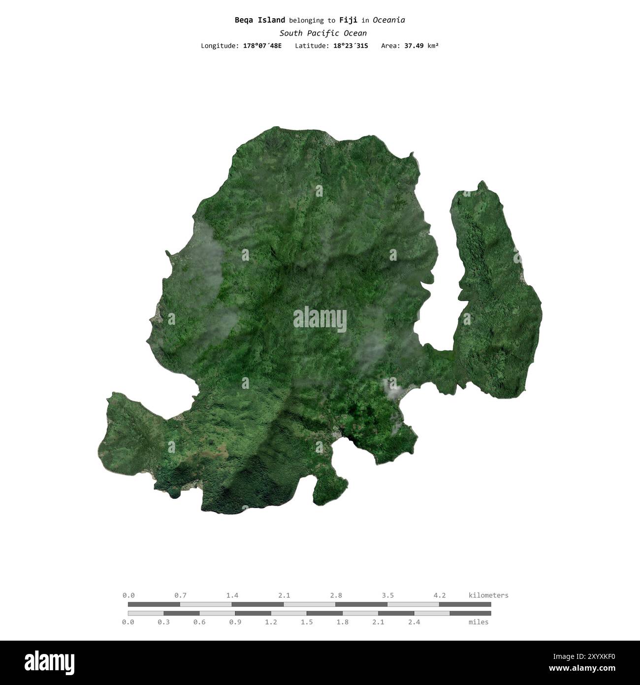 Isola di Beqa nell'Oceano Pacifico meridionale, appartenente alle Figi, isolata su un'immagine satellitare scattata il 20 maggio 2024, con scala di distanza Foto Stock