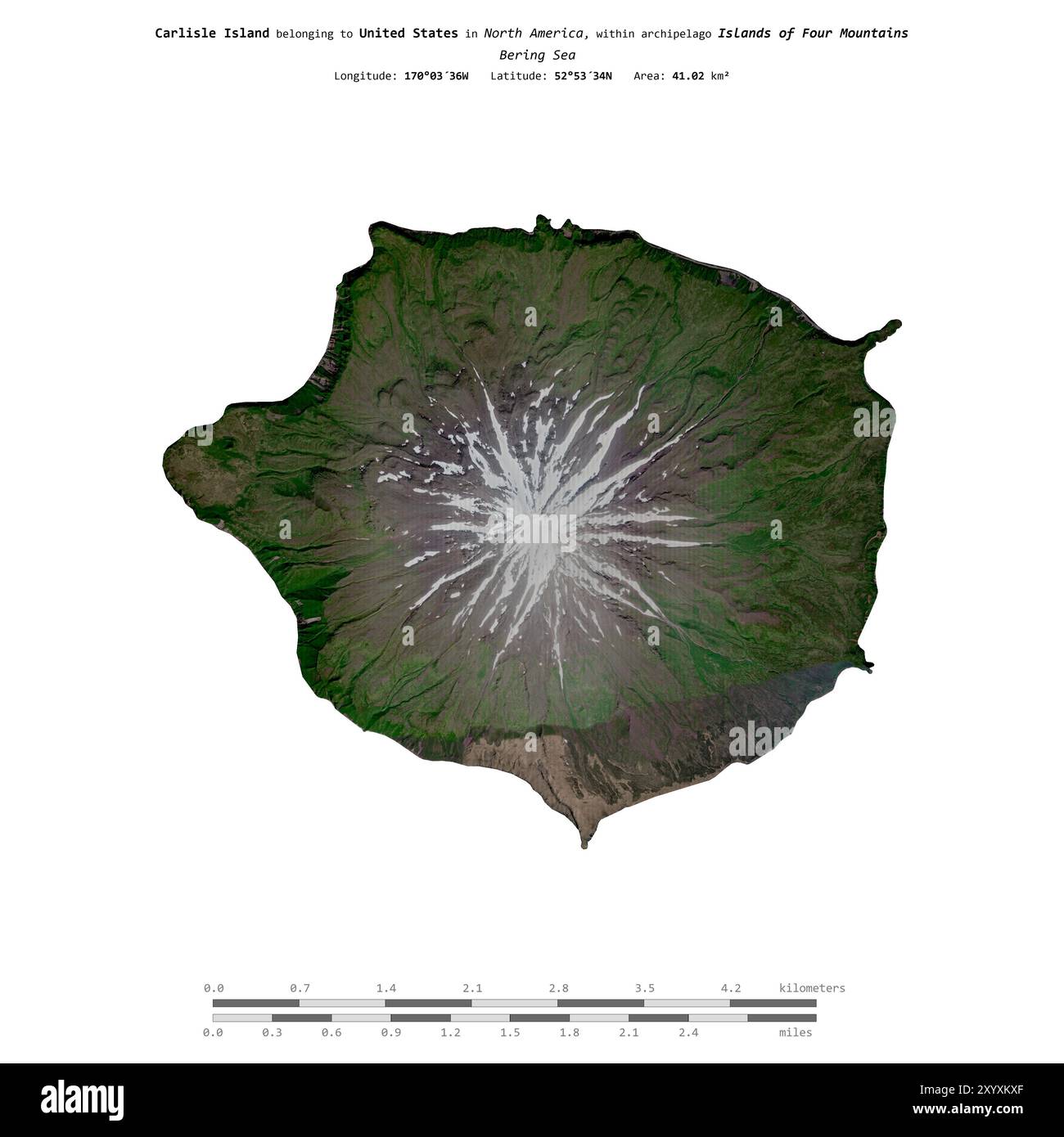 Carlisle Island nel Mare di Bering, appartenente agli Stati Uniti, isolata su un'immagine satellitare scattata il 16 giugno 2023, con scala di distanza Foto Stock