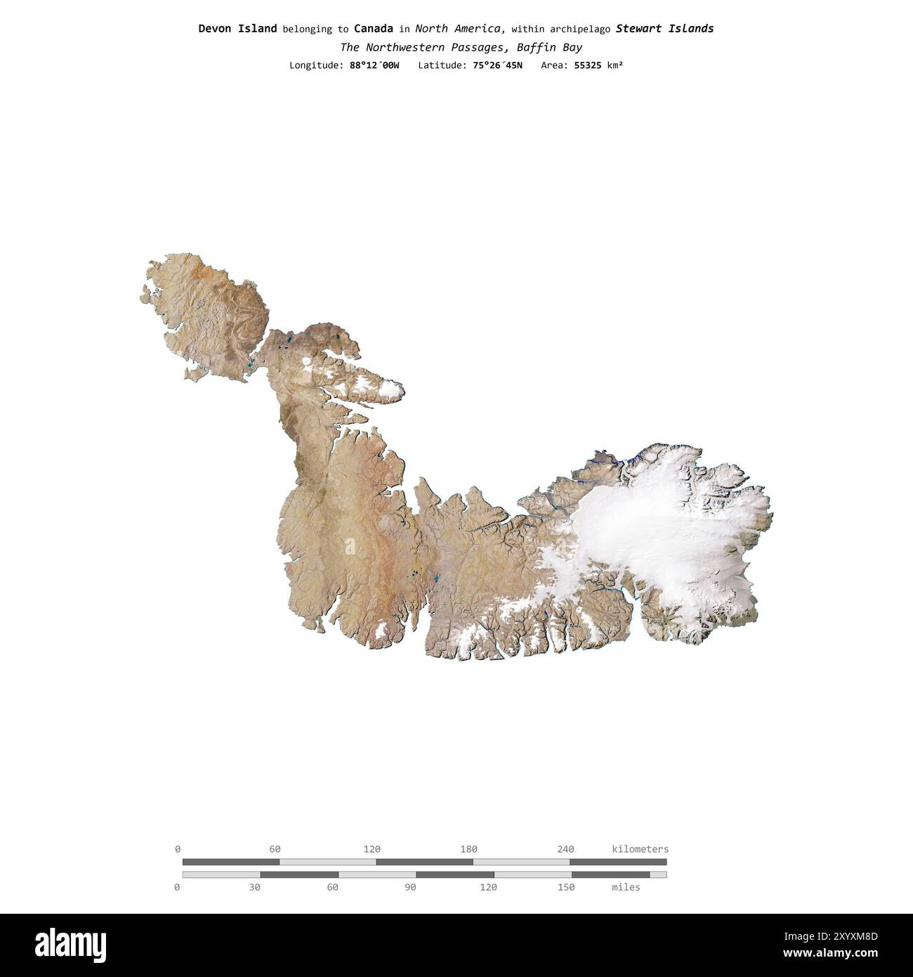 Devon Island nella Baffin Bay, appartenente al Canada, isolata su un'immagine satellitare scattata il 16 giugno 2011, con scala di distanza Foto Stock