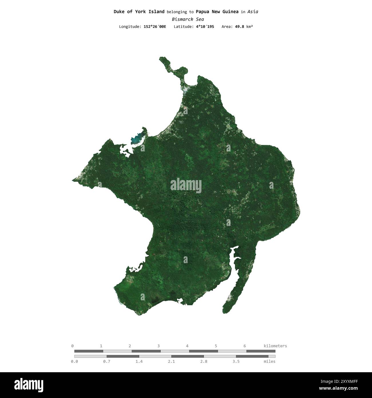 Duca di York nel mare di Bismarck, appartenente alla Papua nuova Guinea, isolato su un'immagine satellitare scattata il 21 maggio 2018, con scala di distanza Foto Stock