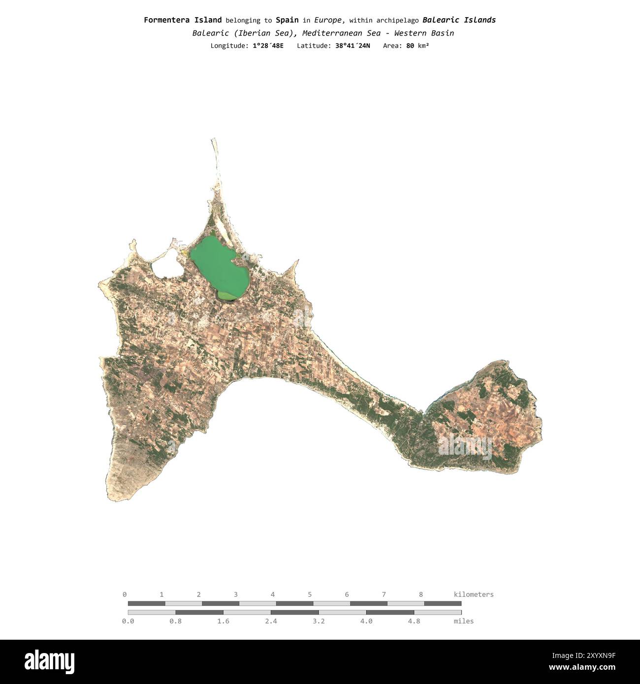 Isola di Formentera nelle Baleari (Mar Iberico), appartenente alla Spagna, isolata su un'immagine satellitare scattata il 21 agosto 2018, con scala di distanza Foto Stock