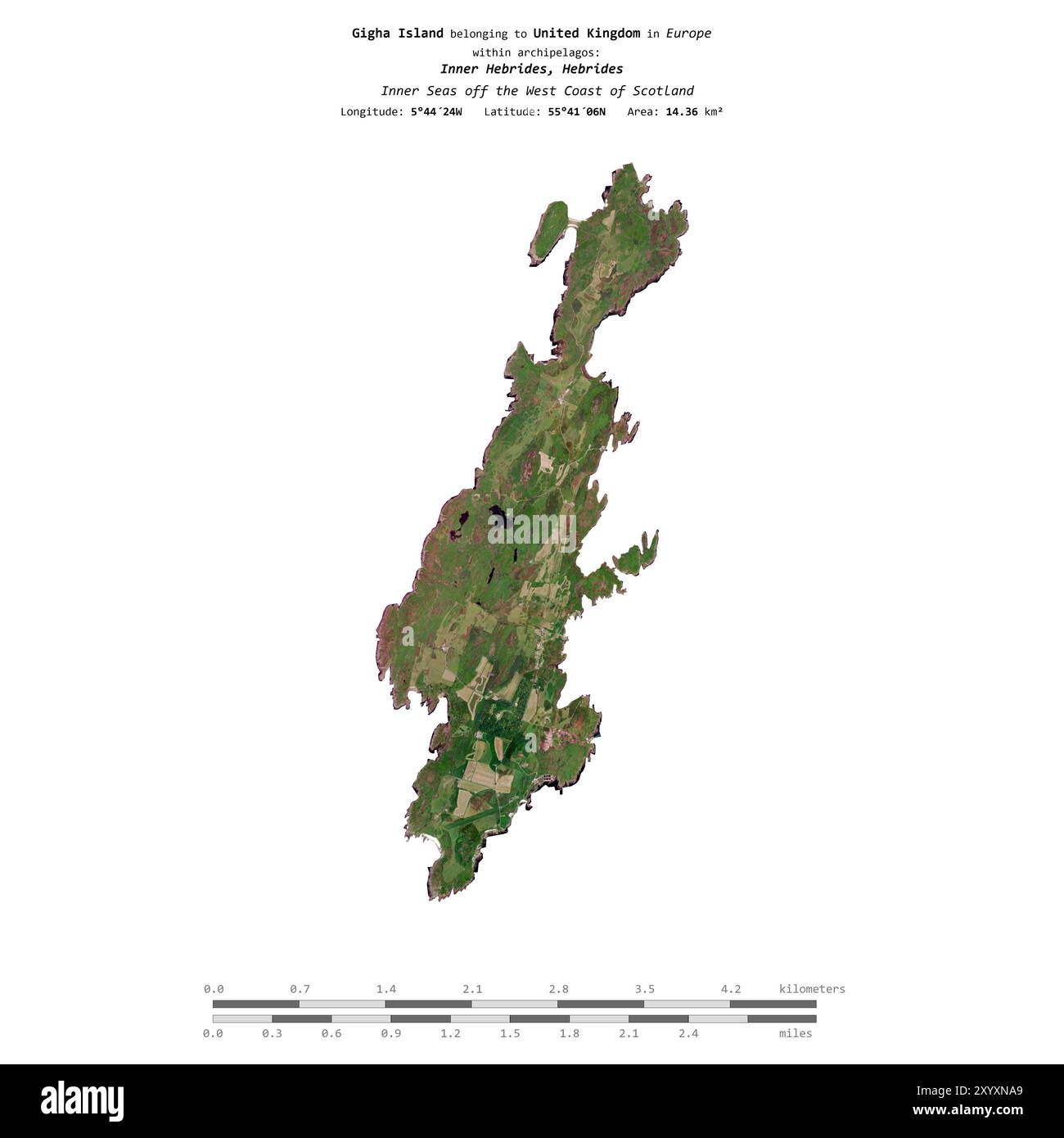 Isola di Gigha nel Mare interno al largo della costa occidentale della Scozia, appartenente al Regno Unito, isolata su un'immagine satellitare scattata il 14 giugno 2023, con Foto Stock