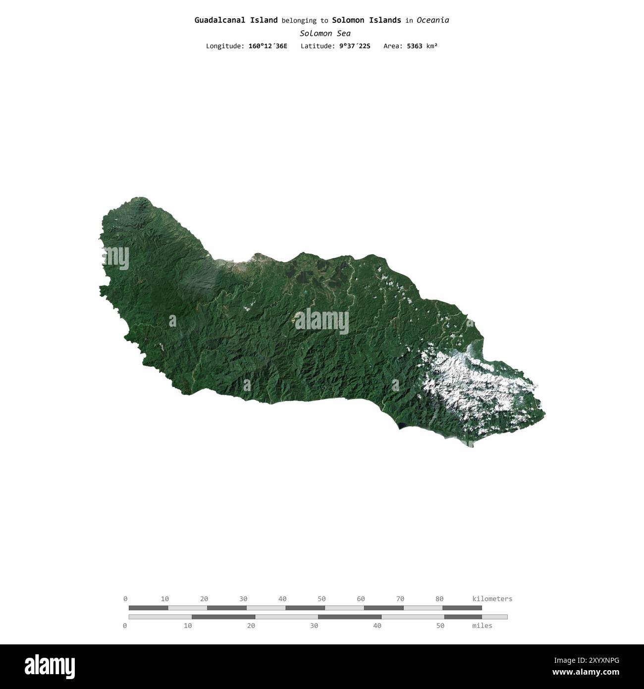 Isola di Guadalcanal nel Mare delle Salomone, appartenente alle Isole Salomone, isolata su un'immagine satellitare scattata il 19 luglio 2021, con scala di distanza Foto Stock