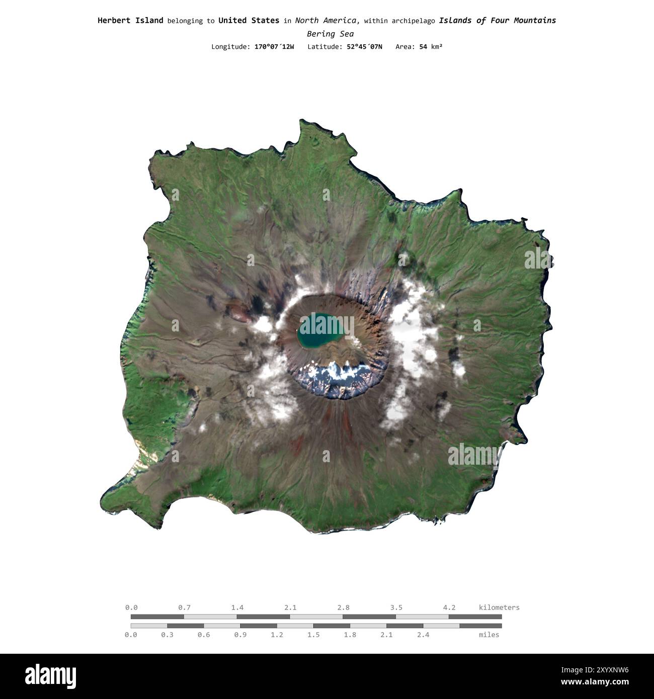 Herbert Island nel Mare di Bering, appartenente agli Stati Uniti, isolato su un'immagine satellitare scattata il 3 settembre 2018, con scala di distanza Foto Stock
