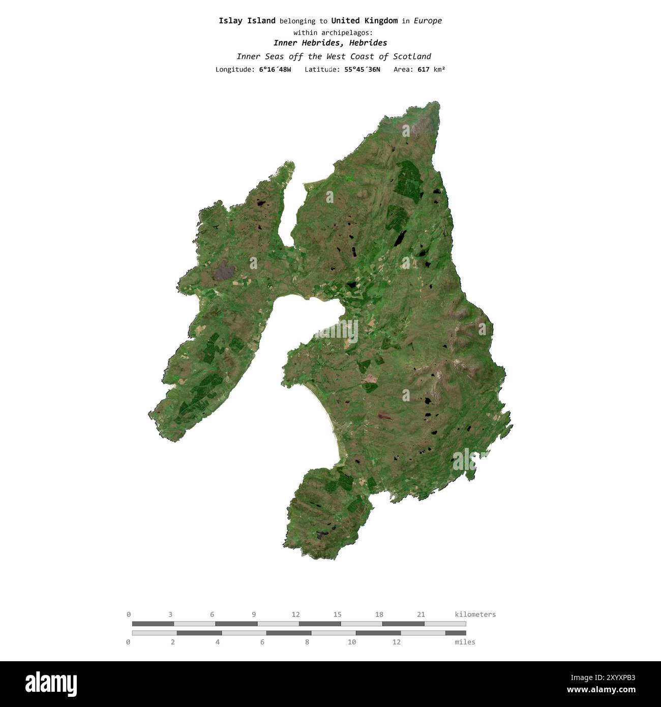 Islay Island in the Inner Seas al largo della costa occidentale della Scozia, appartenente al Regno Unito, isolata su un'immagine satellitare scattata il 30 giugno 2018, con Foto Stock