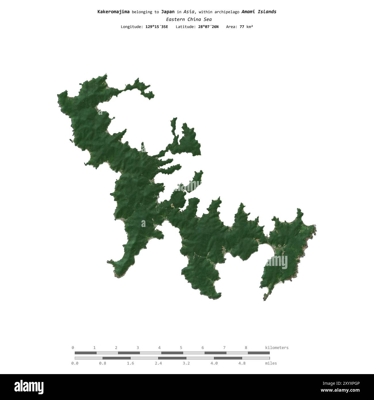 Kakeromajima nel Mar Cinese Orientale, appartenente al Giappone, isolato su un'immagine satellitare scattata il 7 dicembre 2023, con scala di distanza Foto Stock