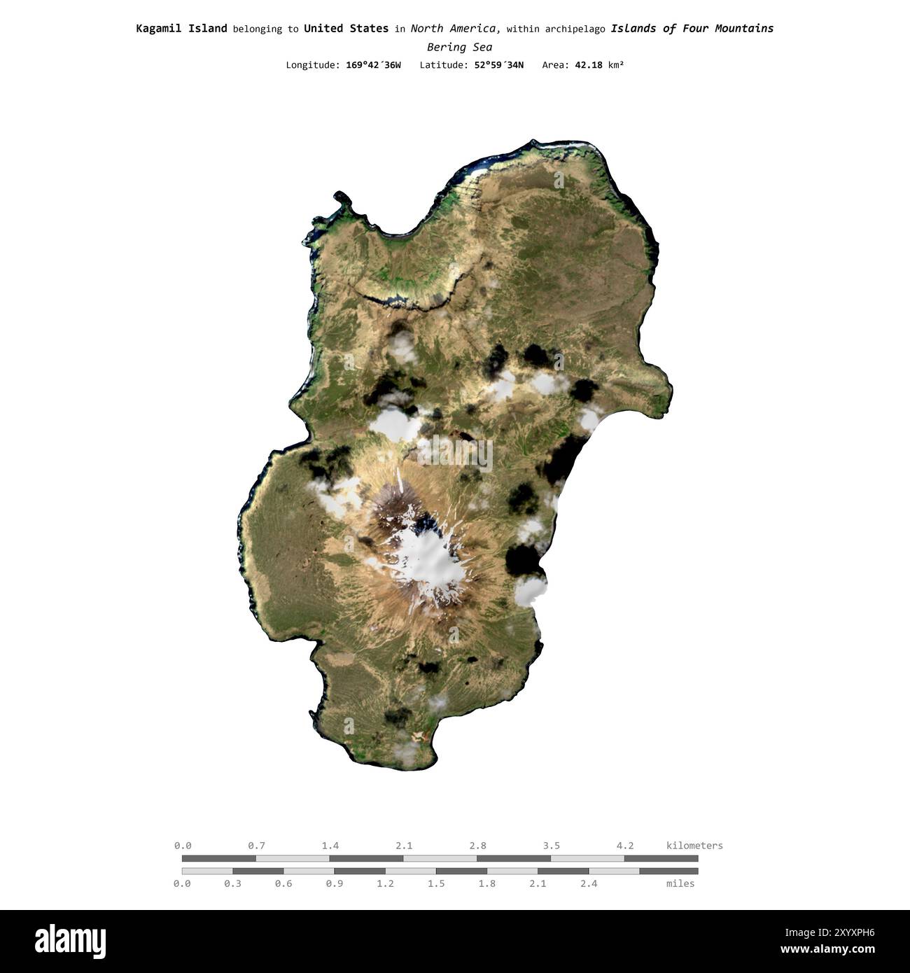 Kagamil Island nel Mare di Bering, appartenente agli Stati Uniti, isolata su un'immagine satellitare scattata il 16 giugno 2023, con scala di distanza Foto Stock