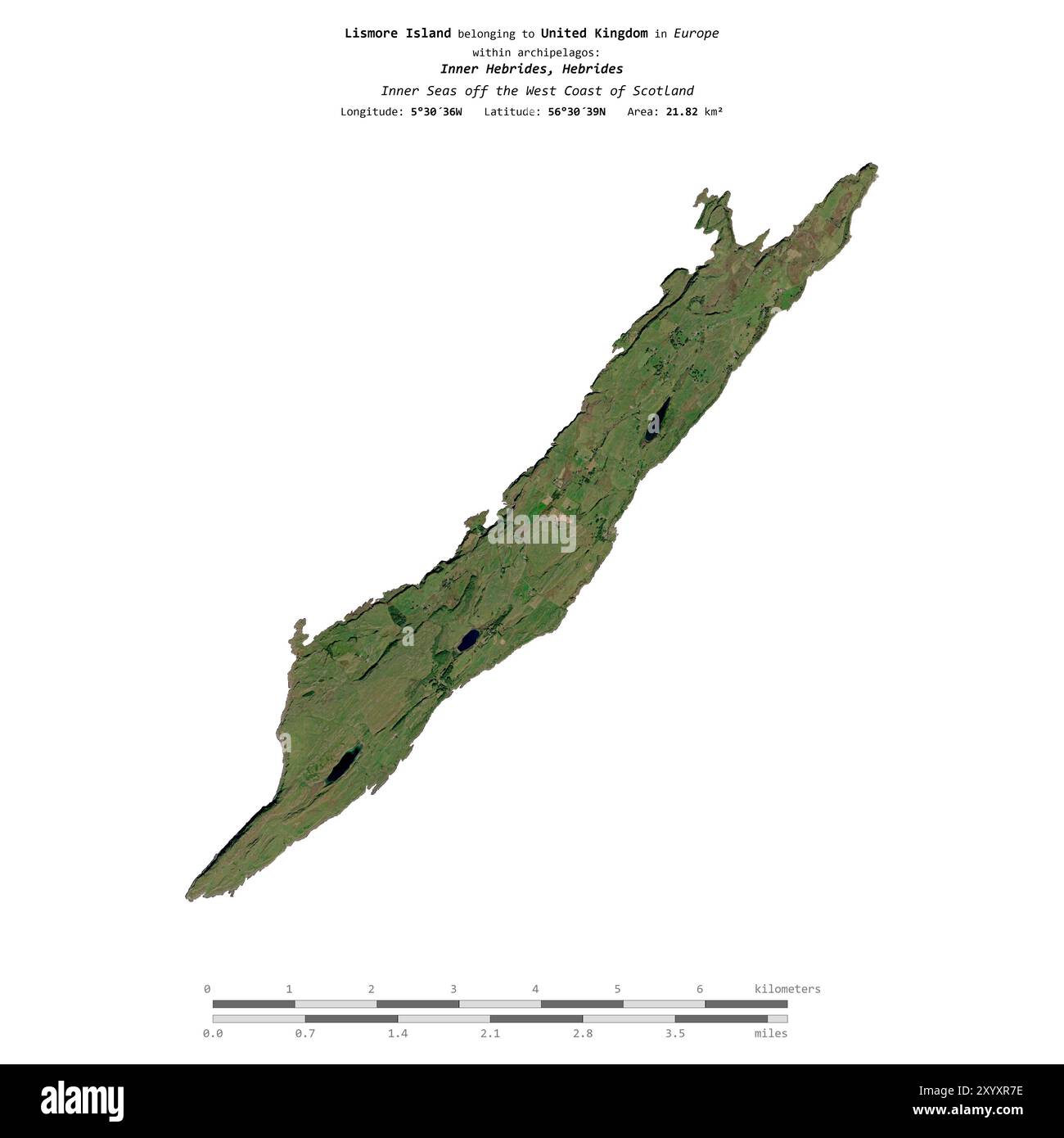 Lismore Island nel Mare interno al largo della costa occidentale della Scozia, appartenente al Regno Unito, isolata su un'immagine satellitare scattata il 4 giugno 2023 Foto Stock