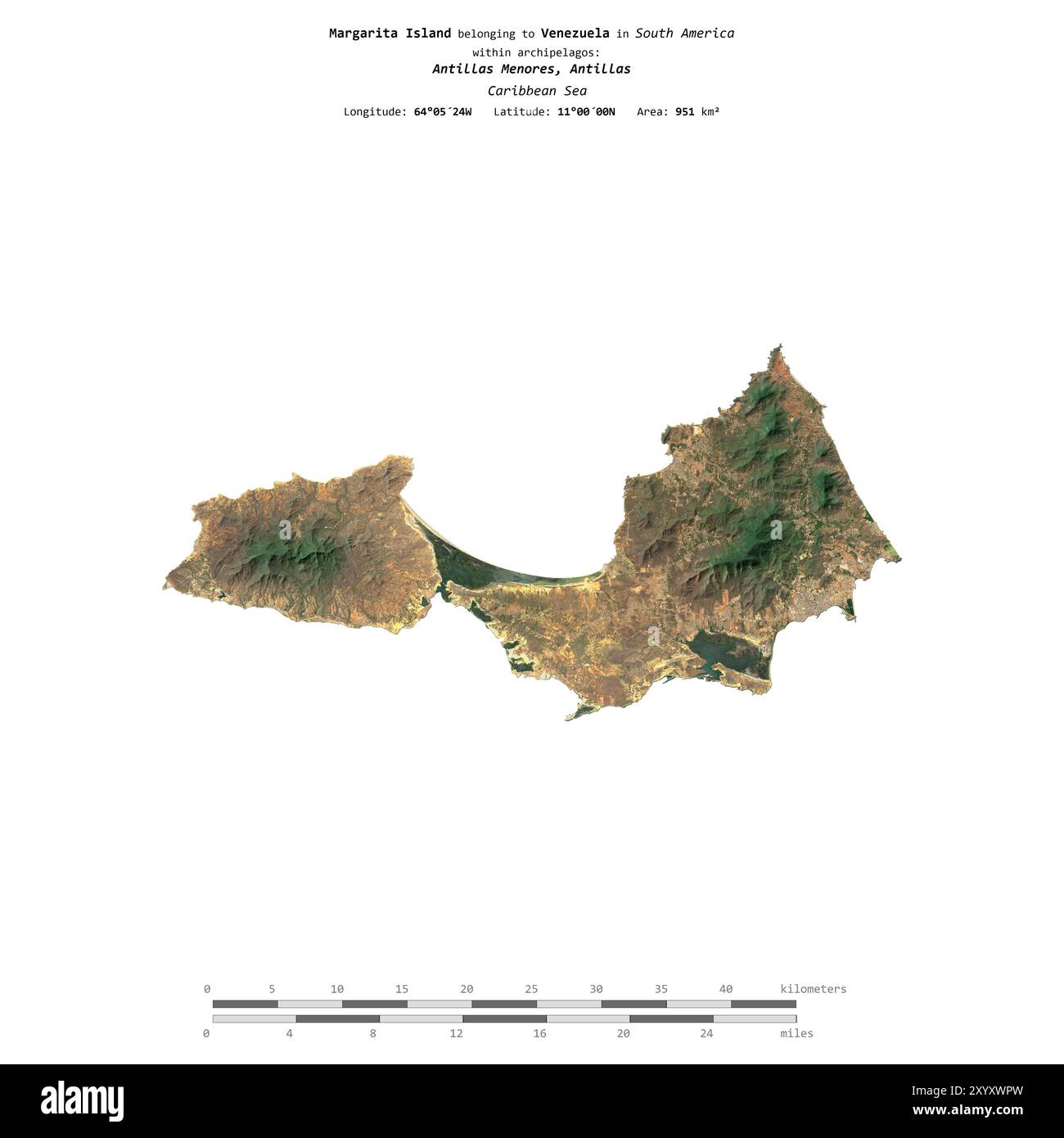 Isola Margarita nel Mar dei Caraibi, appartenente al Venezuela, isolata su un'immagine satellitare scattata il 6 marzo 2024, con scala di distanza Foto Stock