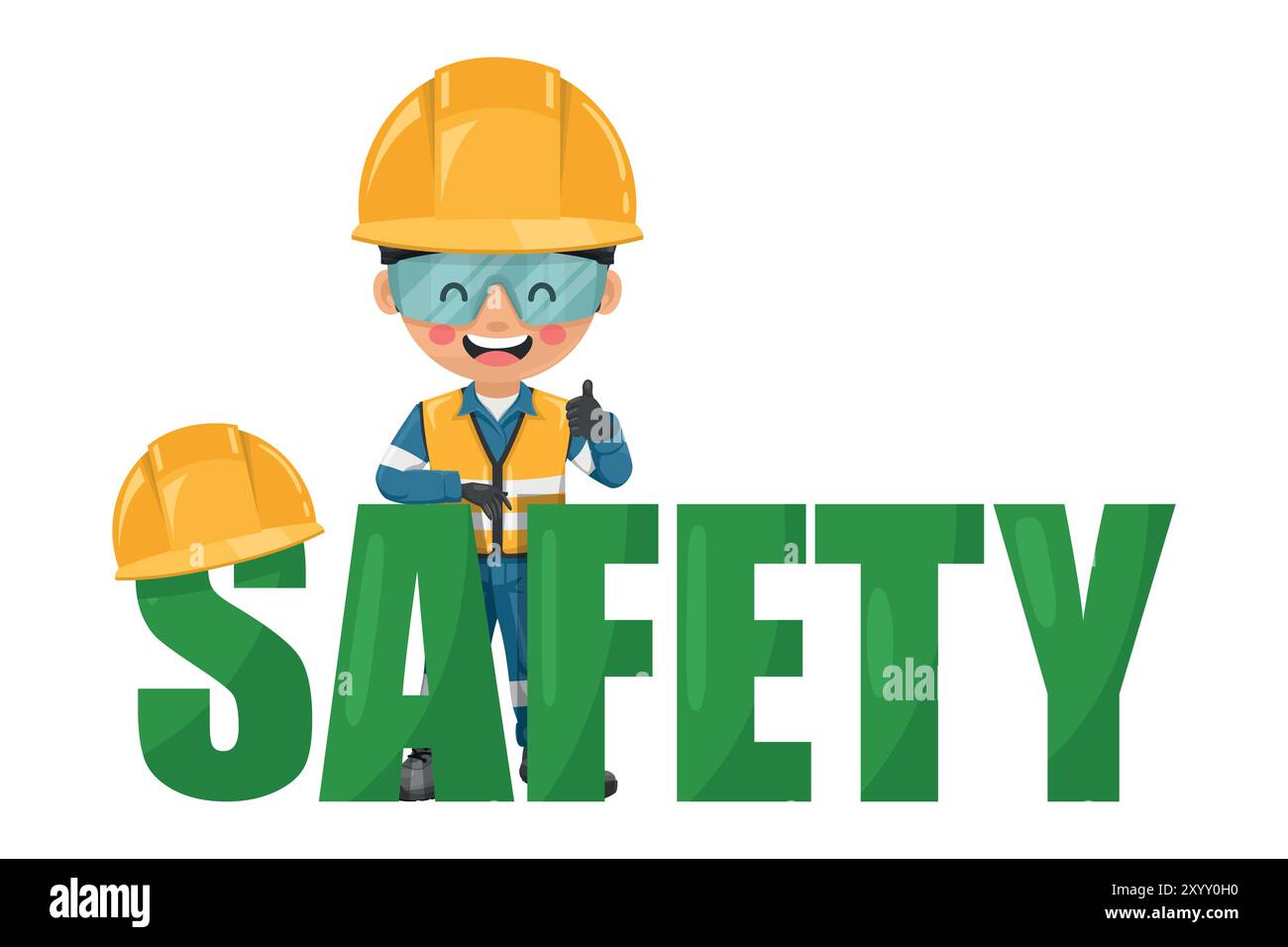 Ingegnere di sicurezza industriale con lettere di sicurezza giganti. Ingegnere con i suoi DPI con giubbotto di sicurezza riflettente, tuta blu, casco, occhiali di sicurezza e glo Illustrazione Vettoriale