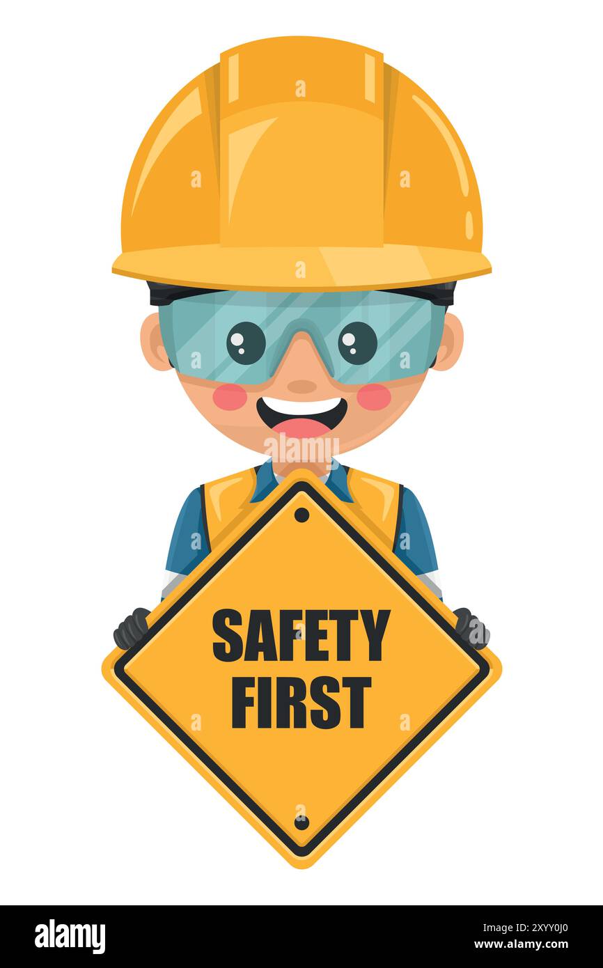 Il tecnico della sicurezza industriale è in possesso del primo segnale di sicurezza. Ingegnere con i suoi DPI con giubbotto di sicurezza riflettente, tuta blu, casco, occhiali di sicurezza e glo Illustrazione Vettoriale