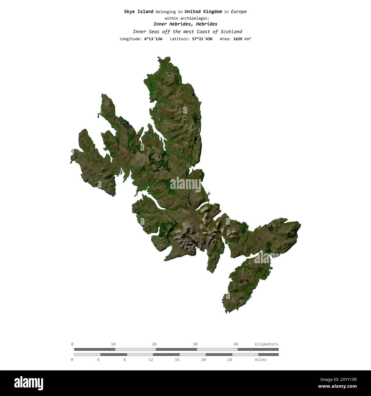 Skye Island nel Mare interno al largo della costa occidentale della Scozia, appartenente al Regno Unito, isolata su un'immagine satellitare scattata il 27 giugno 2019, con Foto Stock