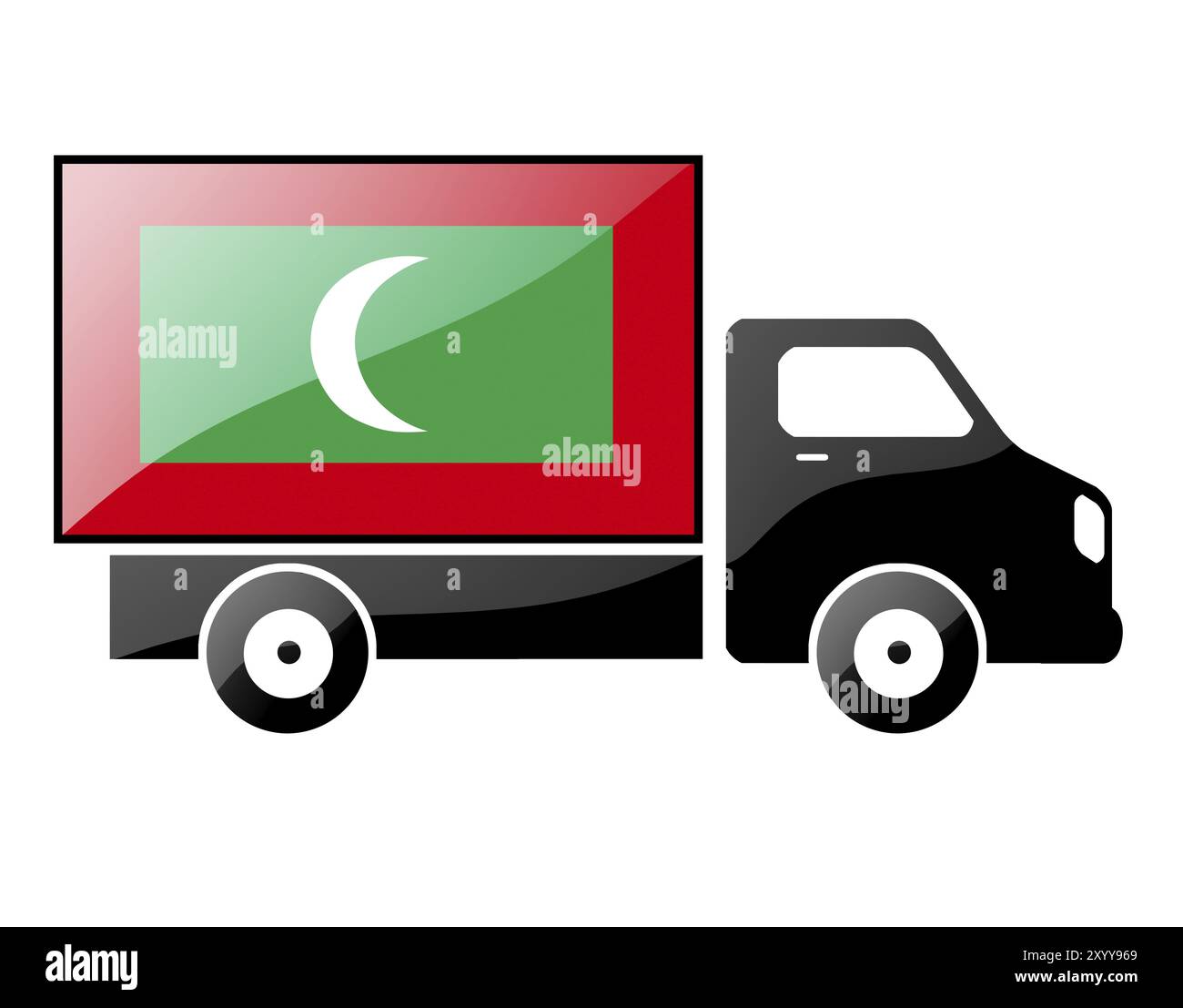 La bandiera delle Maldive dipinta sulla silhouette di un camion. illustrazione lucida Foto Stock