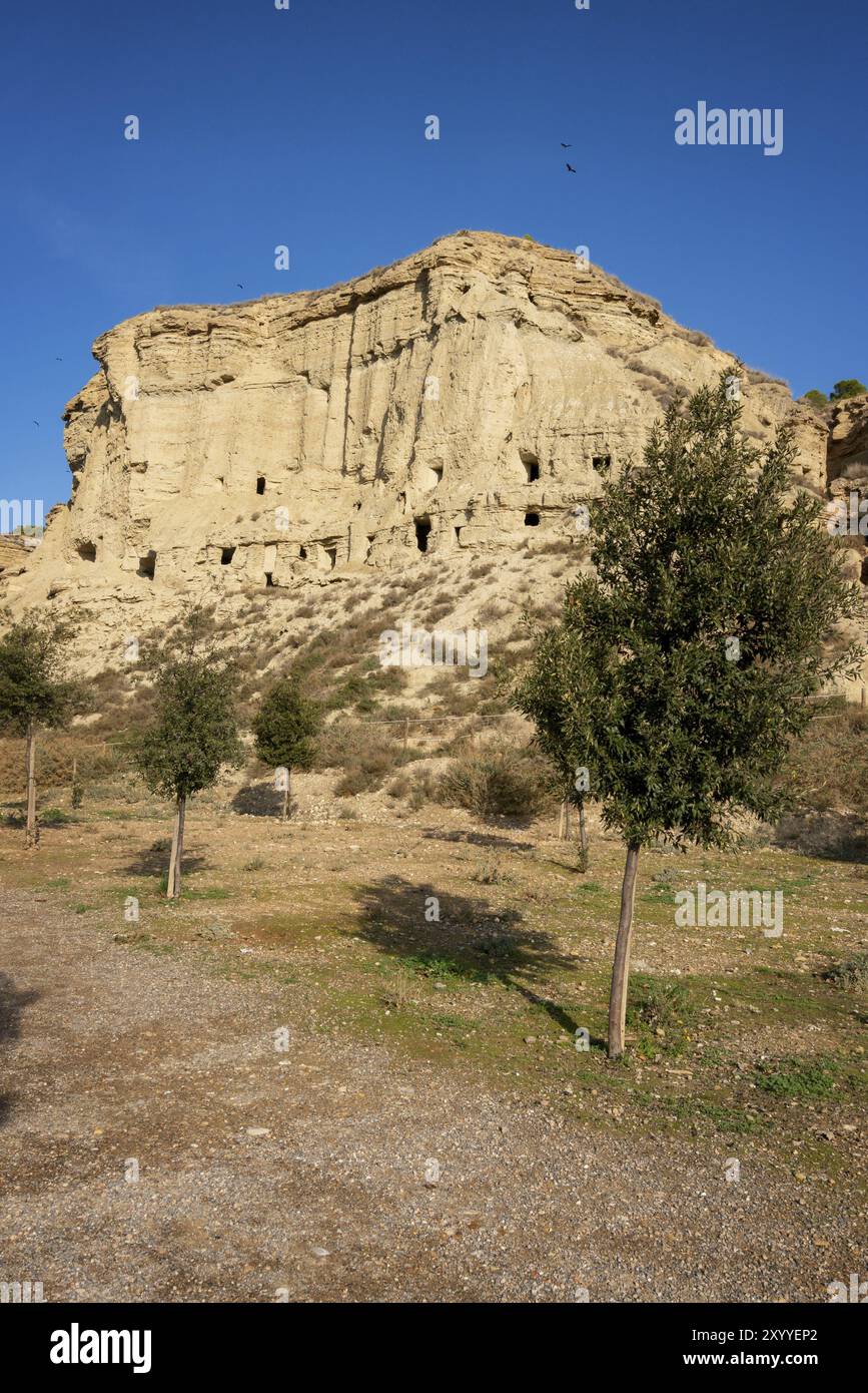 Vista panoramica delle grotte di Arguedas in Spagna Foto Stock
