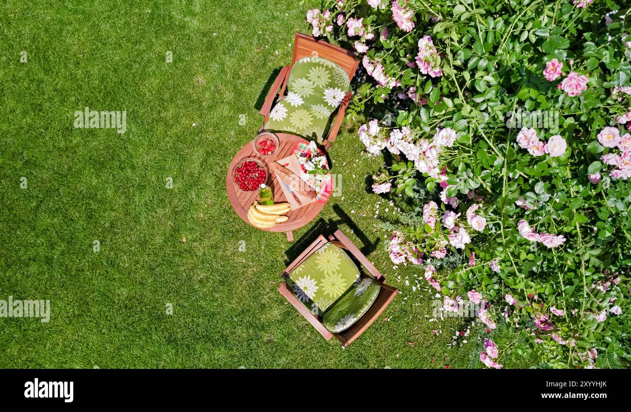 Tavolo decorato con pane, fragole e frutta nello splendido giardino di rose estivo, vista dall'alto del romantico tavolo da pranzo per due Foto Stock
