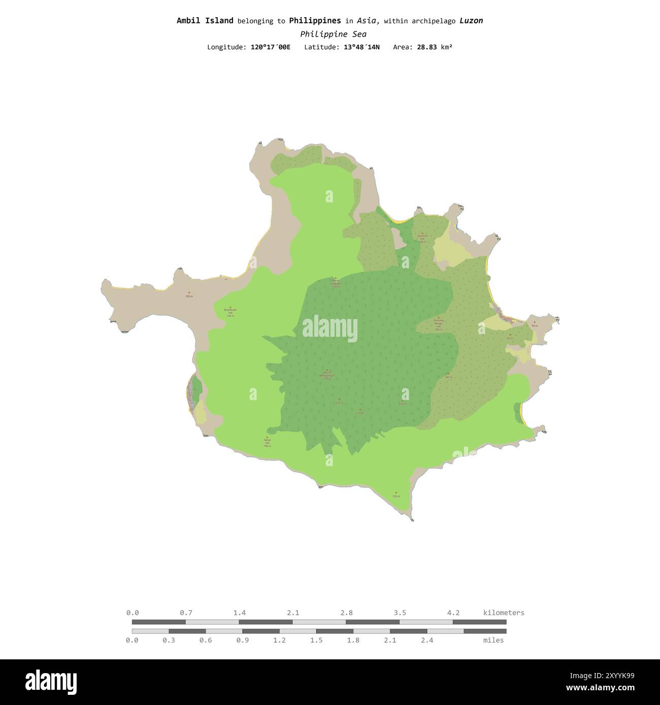 Isola di Ambil nel Mar delle Filippine, isolata su una mappa topografica in stile OSM, con scala di distanza Foto Stock