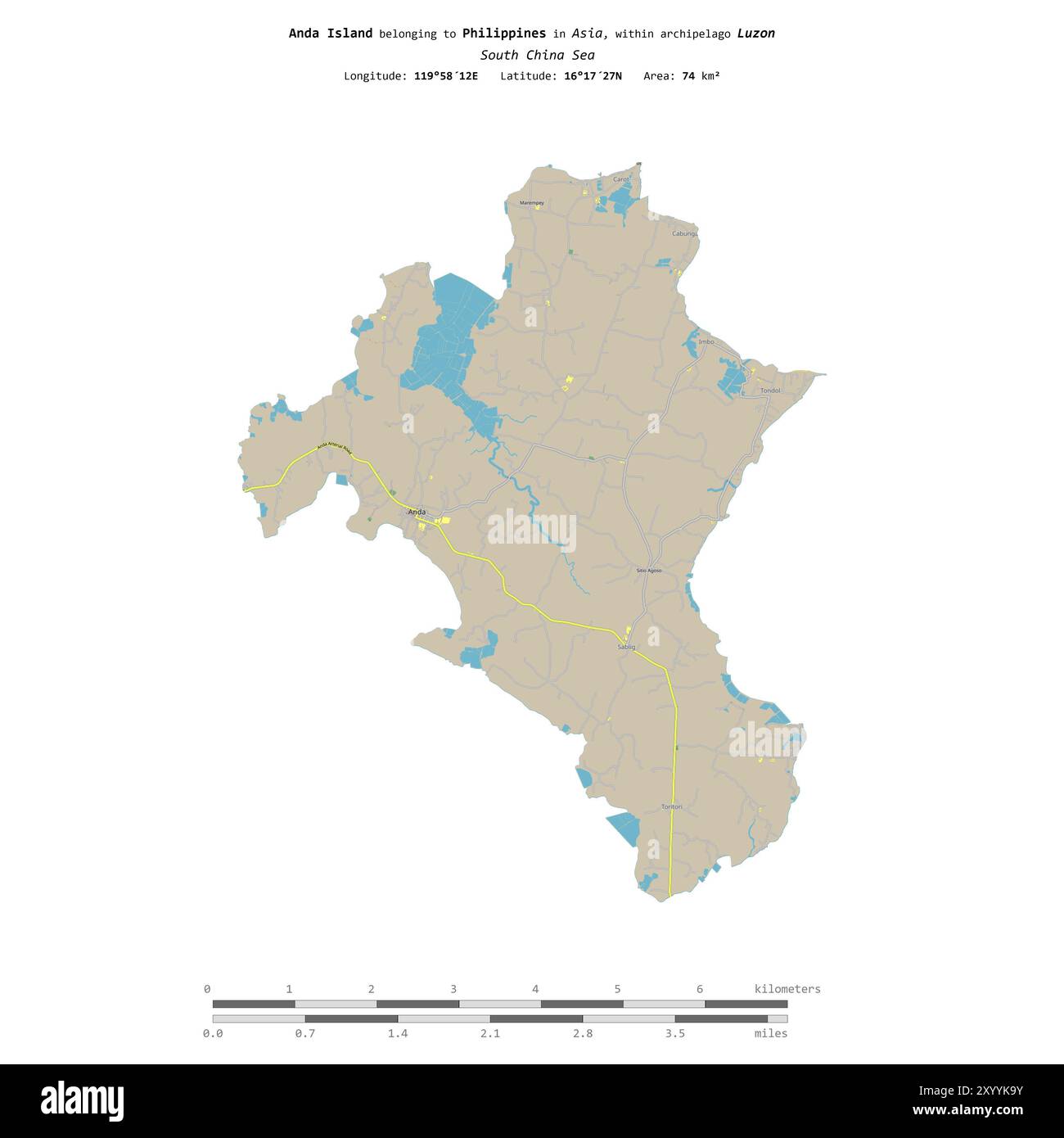 Isola di Anda nel Mar Cinese meridionale, appartenente alle Filippine, isolata su una mappa topografica in stile OSM, con scala di distanza Foto Stock