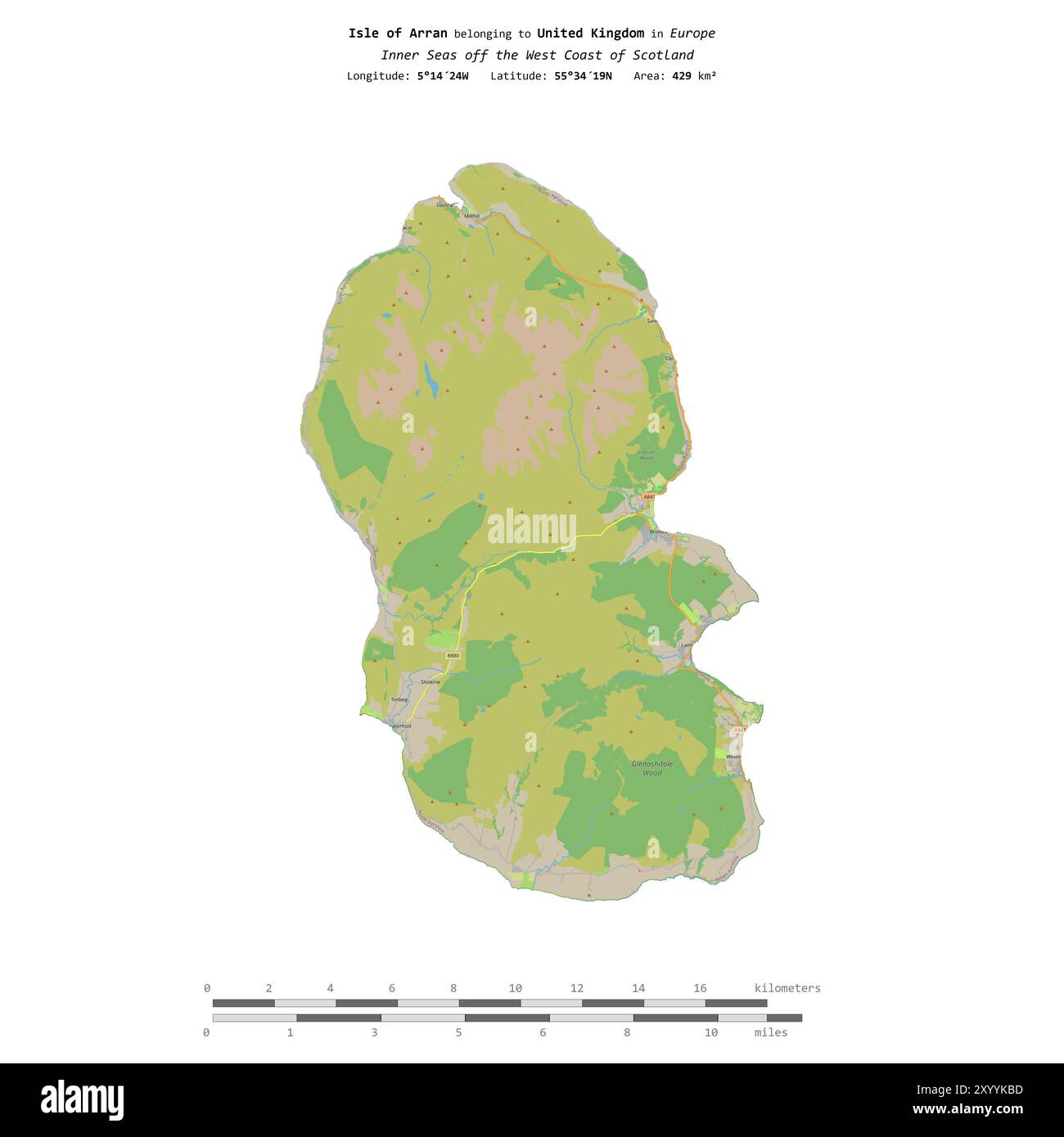 Isola di Arran nei mari interni al largo della costa occidentale della Scozia, appartenente al Regno Unito, isolata su una mappa topografica in stile standard OSM, con d Foto Stock