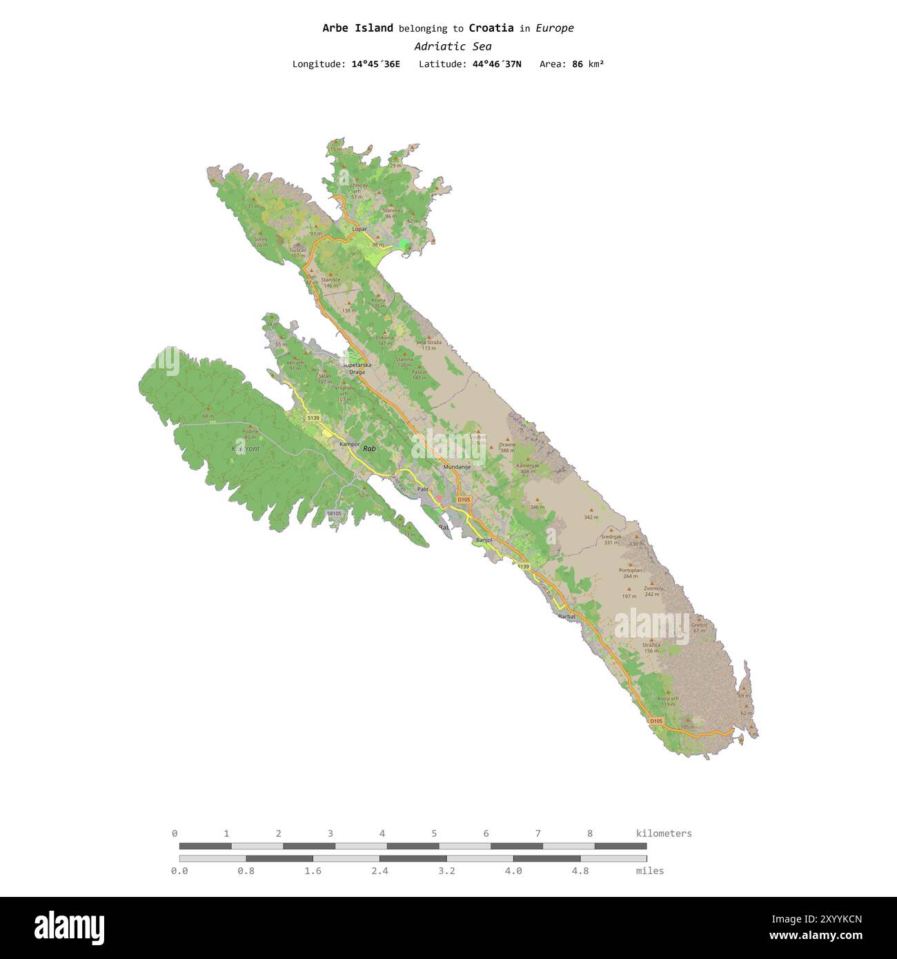 Isola di Arbe nel Mare Adriatico, appartenente alla Croazia, isolata su una mappa topografica in stile OSM, con scala di distanza Foto Stock