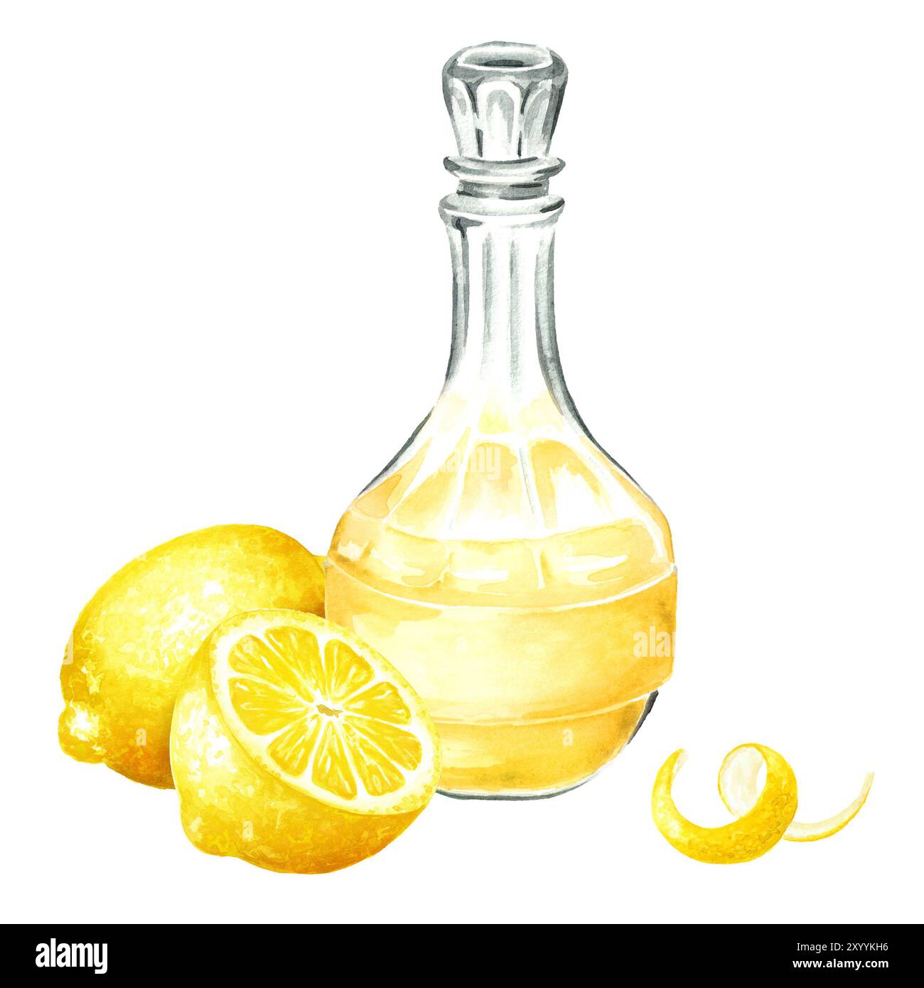 Decanter in vetro o flagone o caraffa di saporito limoncello fatto in casa, bevanda alcolica, liquore. Illustrazione ad acquerello disegnata a mano, isolata su bac bianco Foto Stock