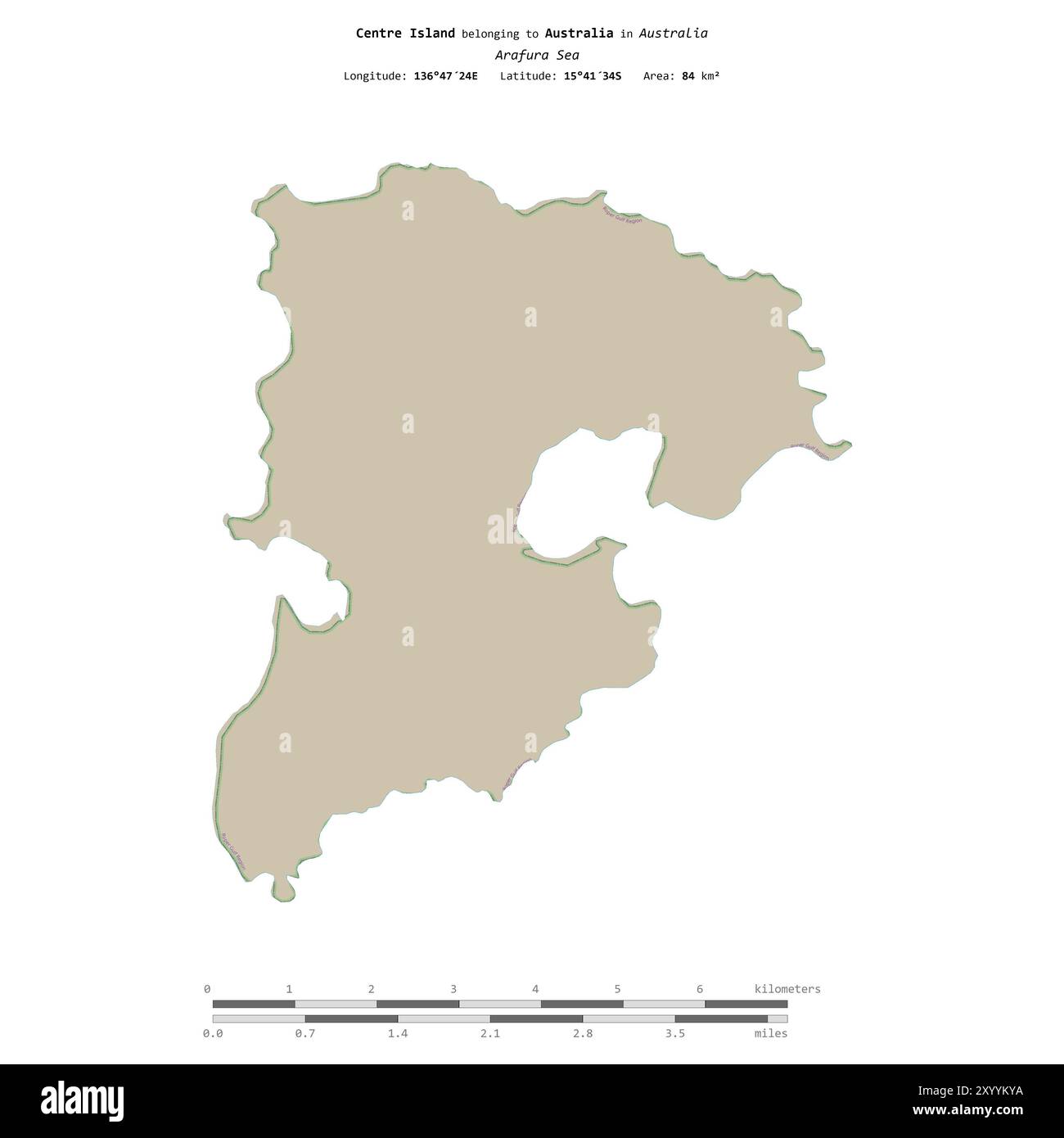 Centre Island nel Mare di Arafura, appartenente all'Australia, isolata su una mappa topografica in stile standard OSM, con scala di distanza Foto Stock