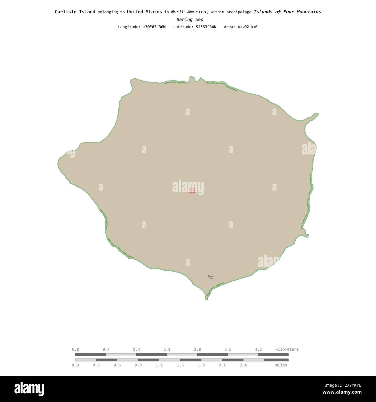 Carlisle Island nel Mare di Bering, appartenente agli Stati Uniti, isolata su una mappa topografica in stile OSM, con scala di distanza Foto Stock