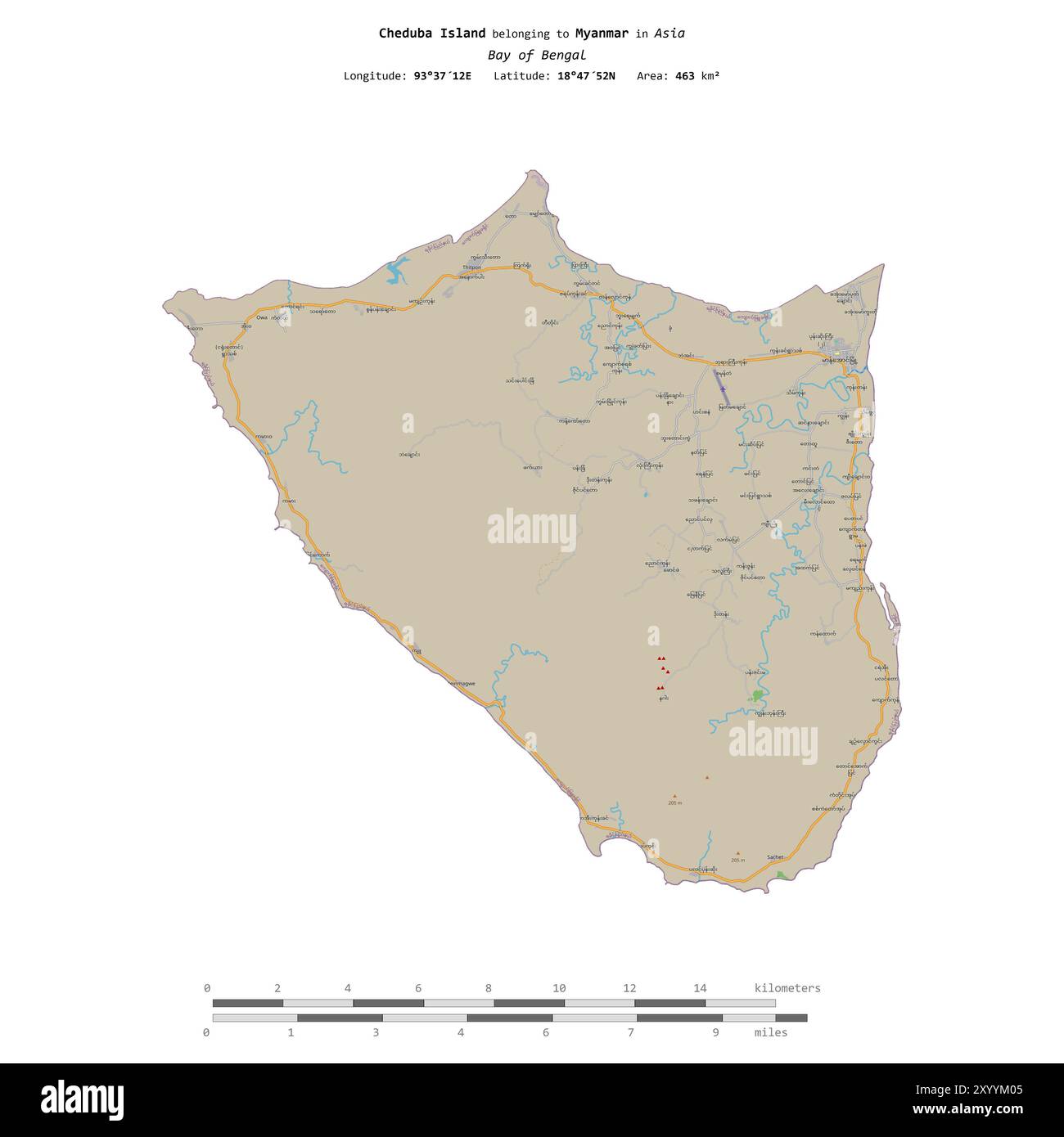 Isola di Cheduba nella Baia del Bengala, appartenente al Myanmar, isolata su una mappa topografica in stile OSM, con scala di distanza Foto Stock