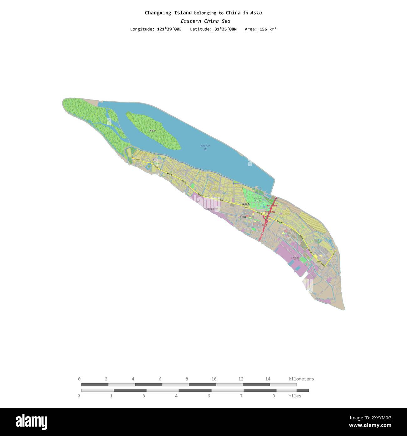 Isola di Changxing nel Mar Cinese Orientale, appartenente alla Cina, isolata su una mappa topografica in stile OSM, con scala di distanza Foto Stock