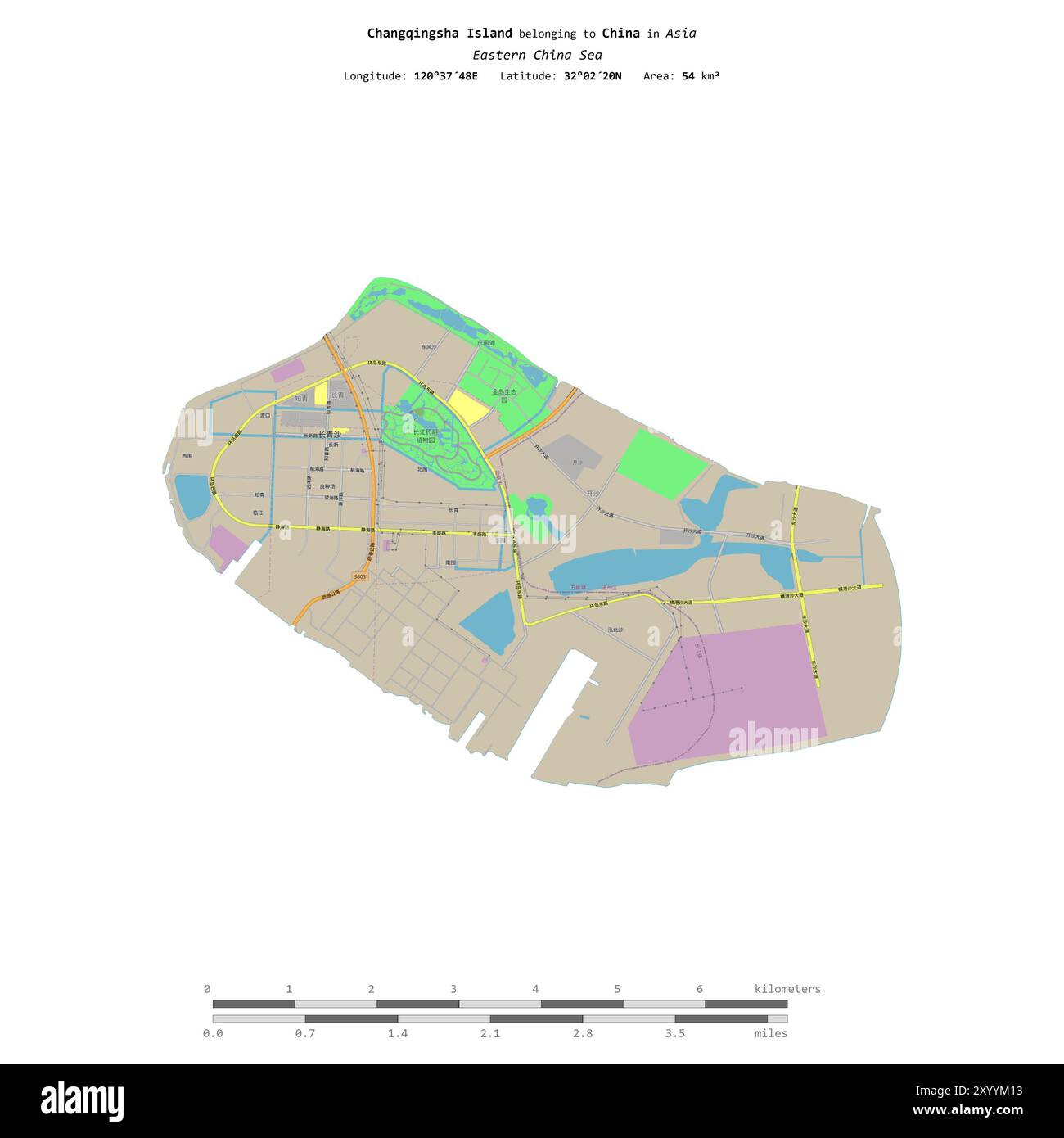 Isola di Changqingsha nel Mar Cinese Orientale, appartenente alla Cina, isolata su una mappa topografica in stile OSM, con scala di distanza Foto Stock
