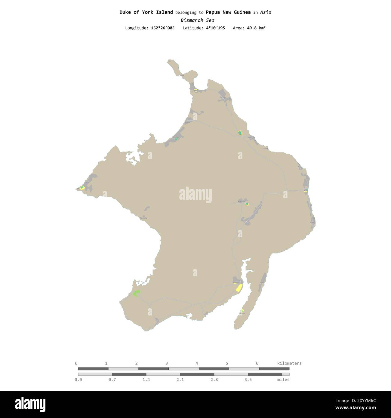 L'Isola di York nel Mare di Bismarck, appartenente alla Papua nuova Guinea, isolata su una mappa topografica in stile standard OSM, con scala di distanza Foto Stock