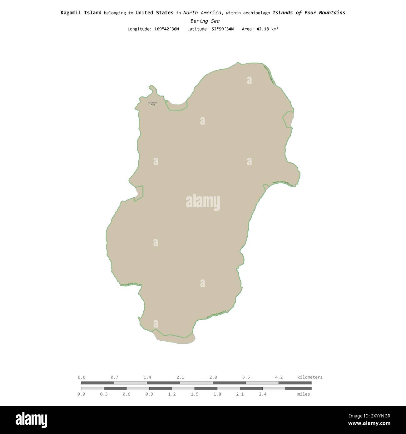 Kagamil Island nel Mare di Bering, appartenente agli Stati Uniti, isolata su una mappa topografica in stile OSM, con scala di distanza Foto Stock