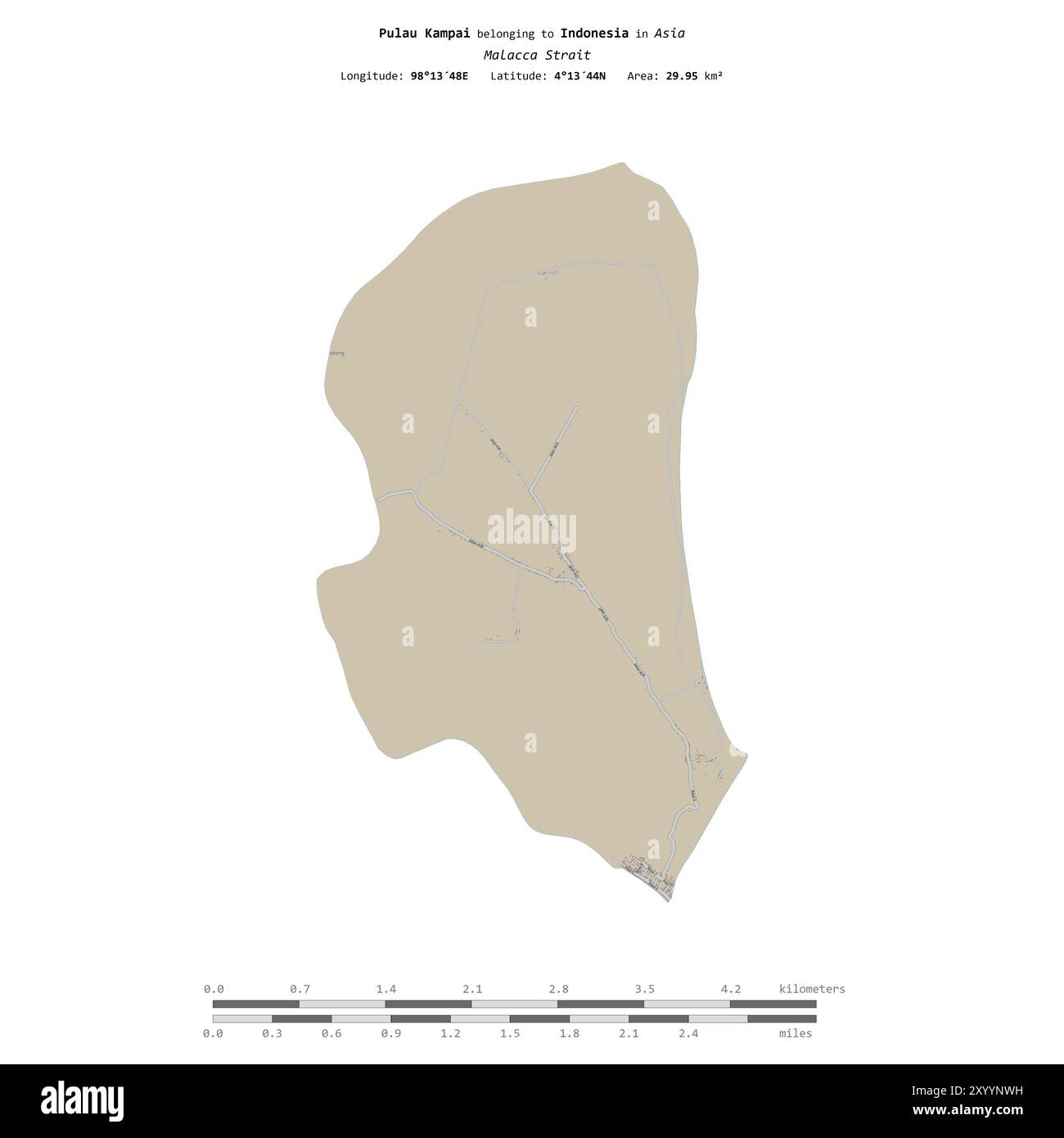 Pulau Kampai nello stretto di Malacca, appartenente all'Indonesia, isolato su una mappa topografica in stile OSM, con scala di distanza Foto Stock