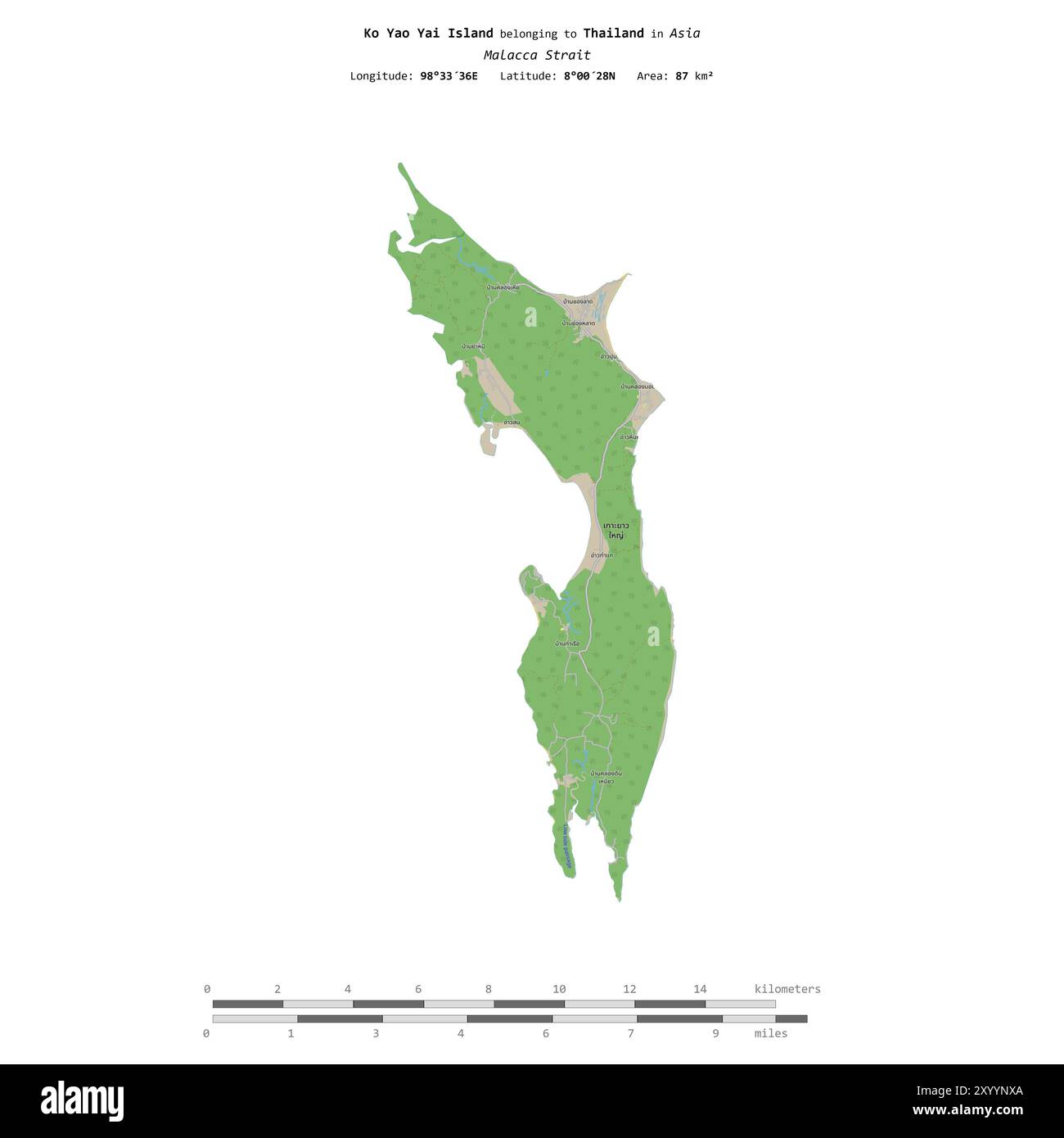 Isola Ko Yao Yai nello stretto di Malacca, appartenente alla Thailandia, isolata su una mappa topografica in stile standard OSM, con scala di distanza Foto Stock