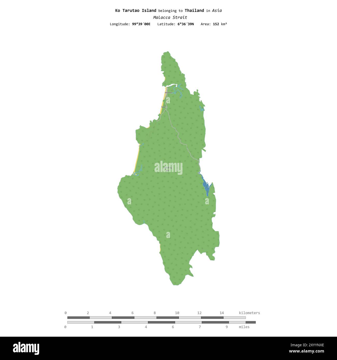 Ko Tarutao Island nello stretto di Malacca, appartenente alla Thailandia, isolata su una mappa topografica in stile OSM, con scala di distanza Foto Stock