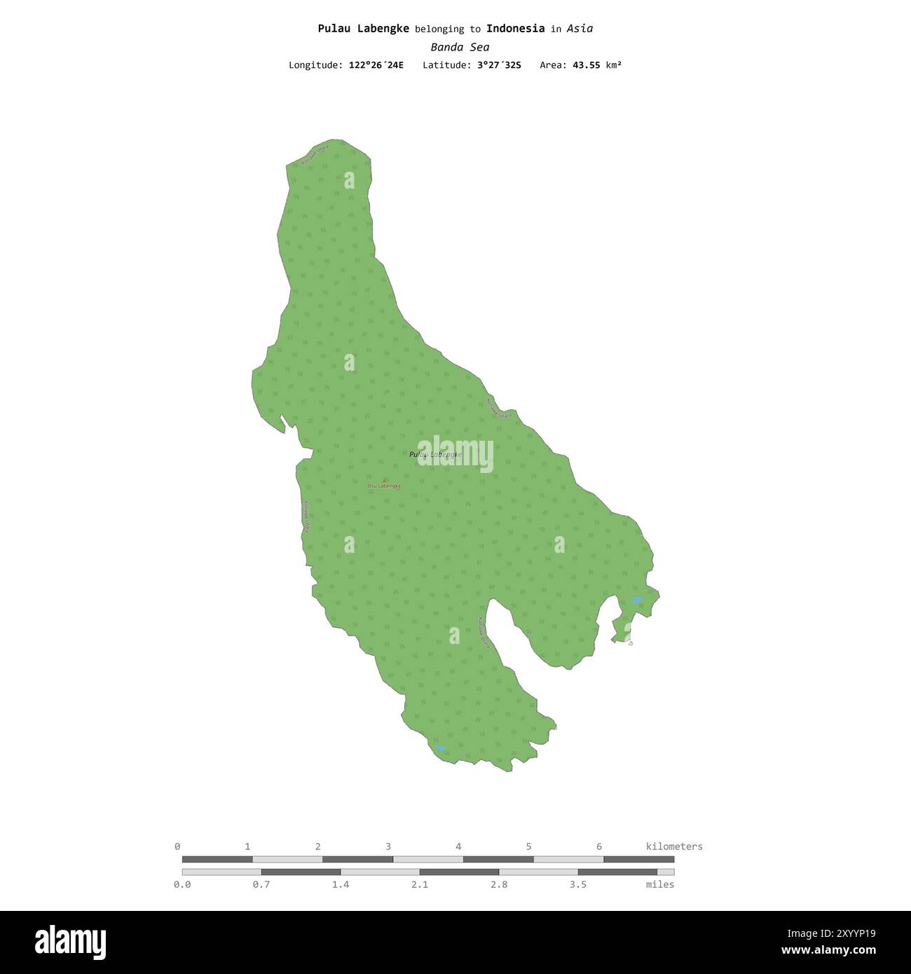 Pulau Labengke nel Mare di banda, appartenente all'Indonesia, isolato su una mappa topografica in stile OSM, con scala di distanza Foto Stock