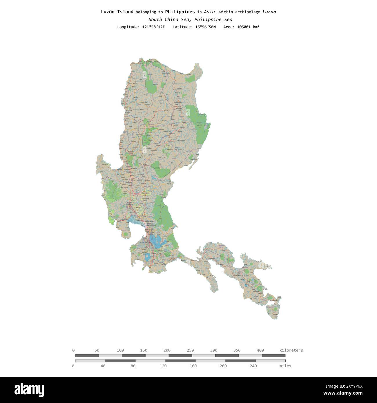 Isola di Luzon nel Mar delle Filippine, isolata su una mappa topografica in stile OSM, con scala di distanza Foto Stock