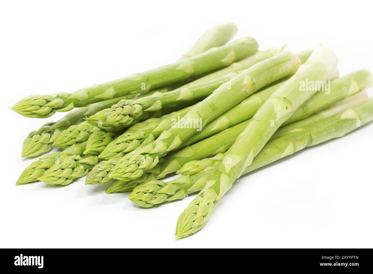 Asparagi verdi freschi, sciolti su sfondo bianco Foto Stock