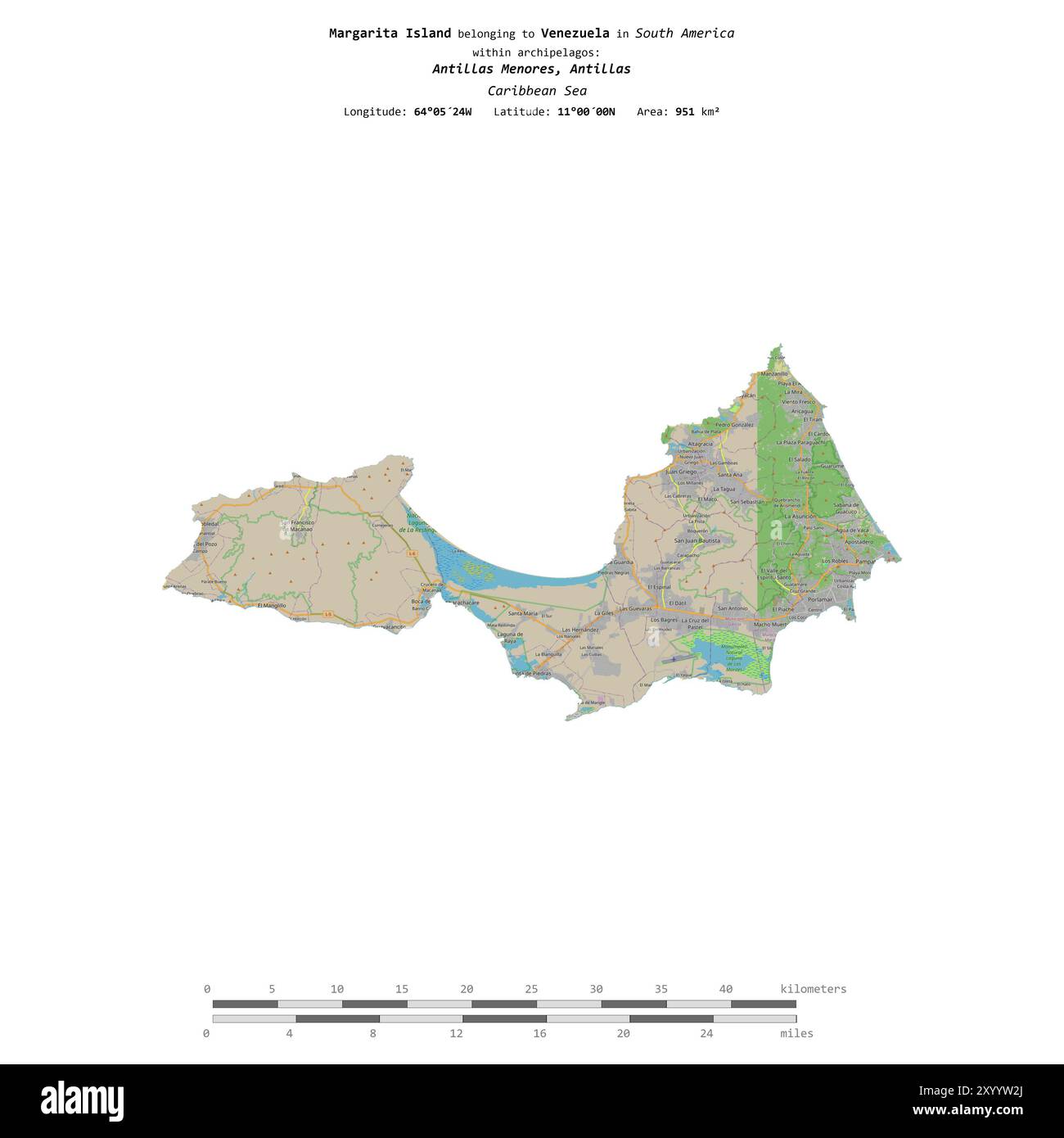 Isola Margarita nel Mar dei Caraibi, appartenente al Venezuela, isolata su una mappa topografica in stile standard OSM, con scala di distanza Foto Stock