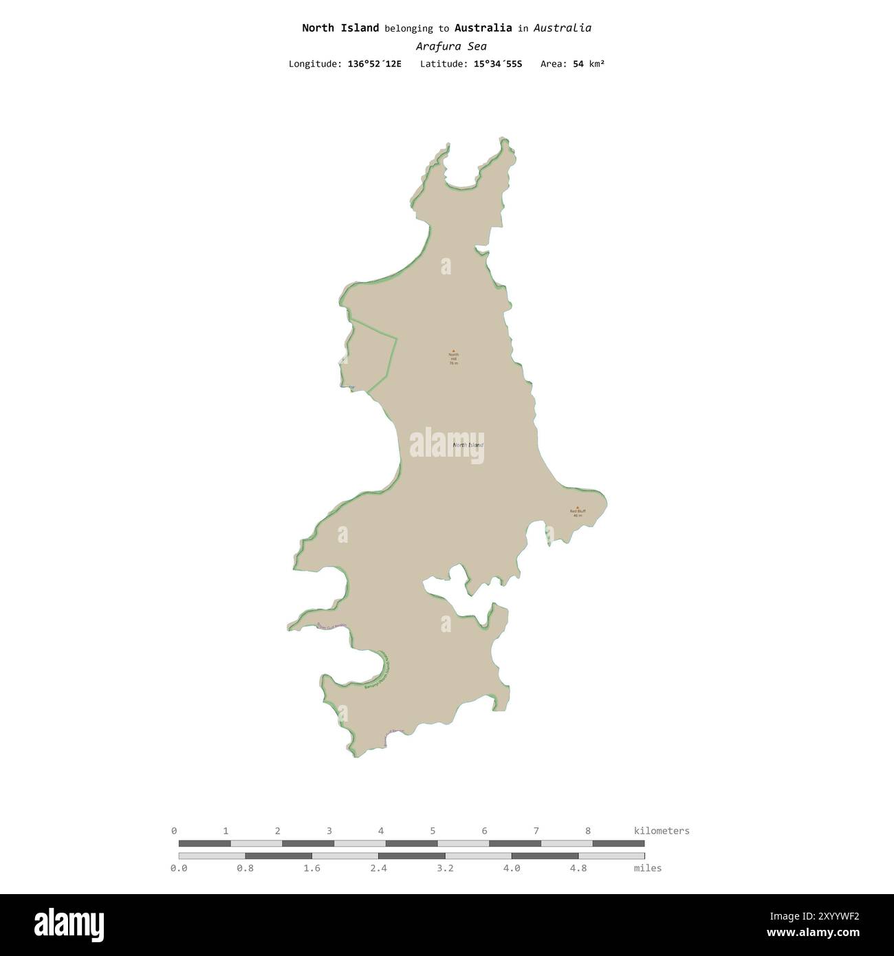 North Island nel Mare di Arafura, appartenente all'Australia, isolata su una mappa topografica in stile OSM, con scala di distanza Foto Stock