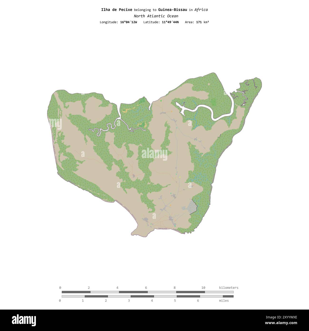 Ilha de Pecixe nell'Oceano Atlantico settentrionale, appartenente alla Guinea-Bissau, isolata su una mappa topografica in stile OSM, con scala di distanza Foto Stock